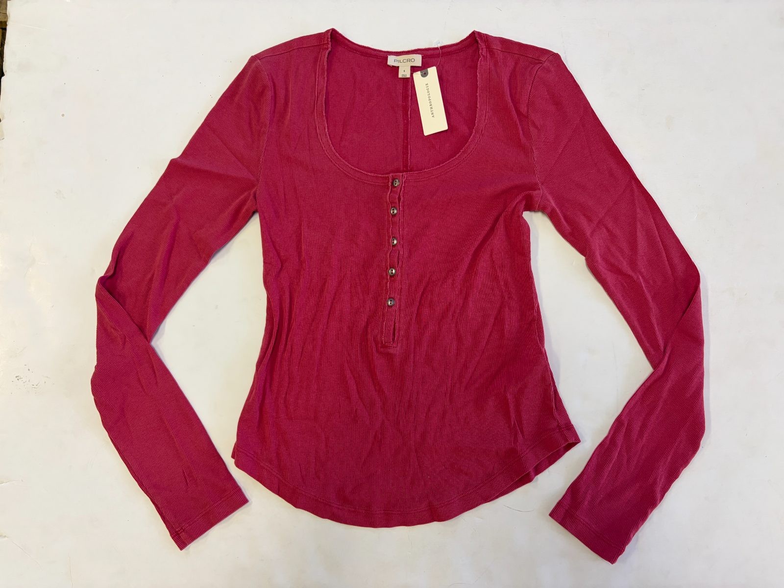 Pilcro Anthropologie Rachel Ribbed Henley Top Women\'s S Red Long Sleeve NWT