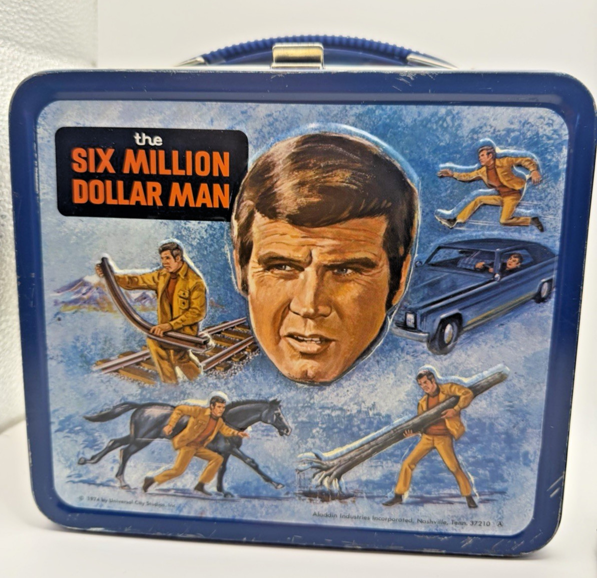 Vintage Six Million Dollar Man Metal Lunch Box Thermos 1974 crisp N0 RUST Clean 