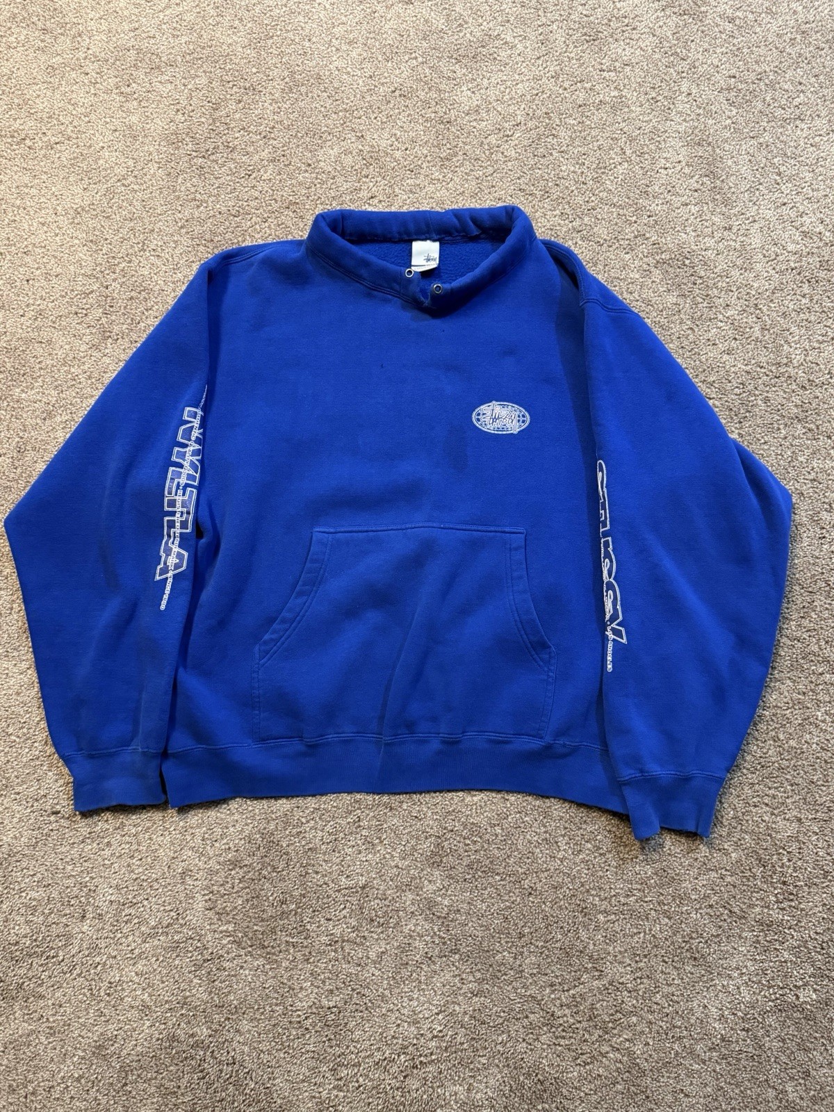 Vintage 90s Stussy NYLTLA Globe Sweatshirt XL Blue USA Flawed Cut Hood