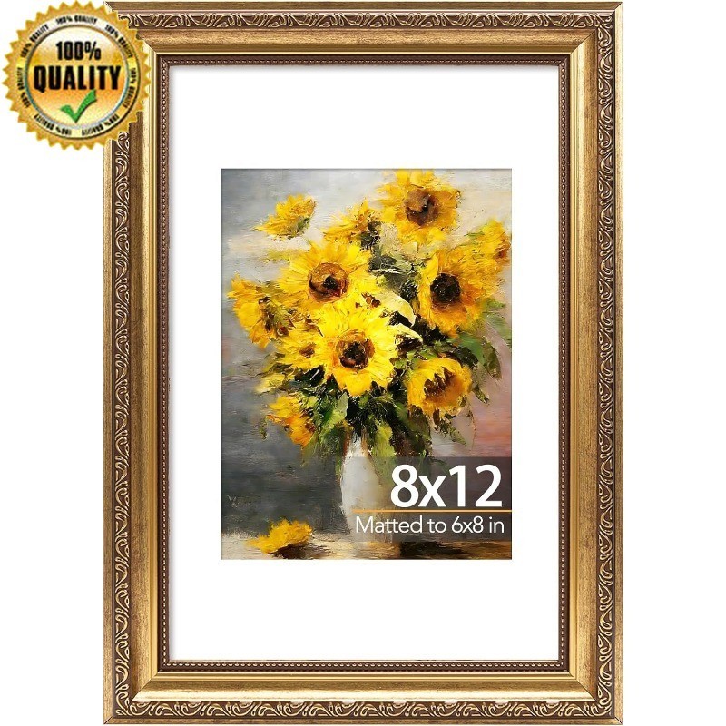 8x12 Vintage Picture Frame W/ 6x8 Mat Elegant Retro 8 By 12 Photo Frames New