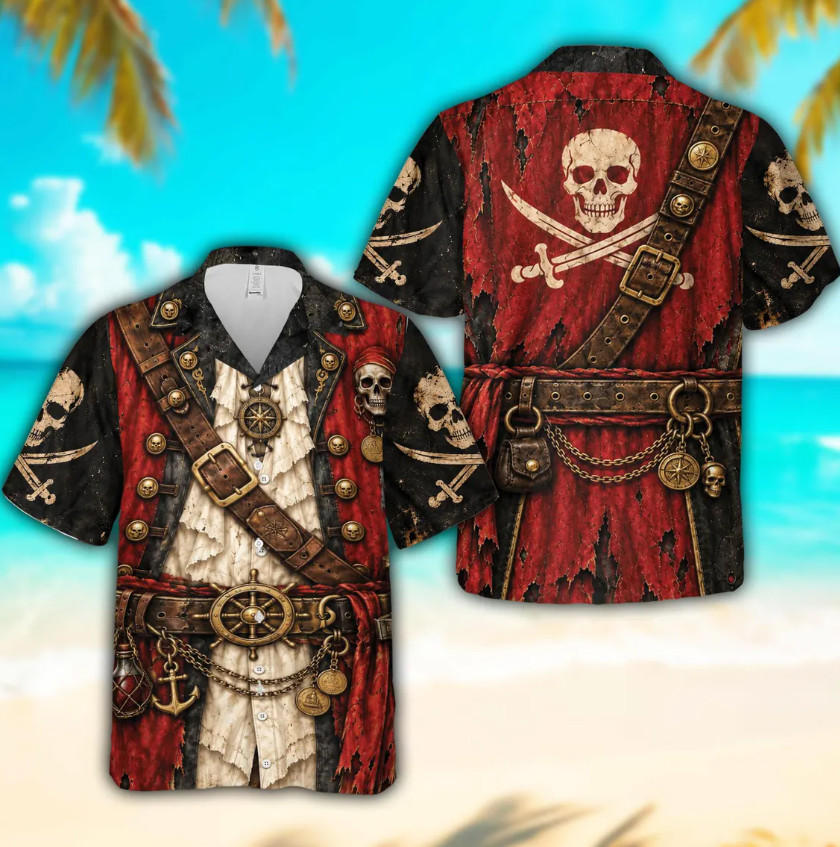 Classic Pirate Costume Hawaiian Shirt, 3D Realistic Buccaneer Cosplay Aloha