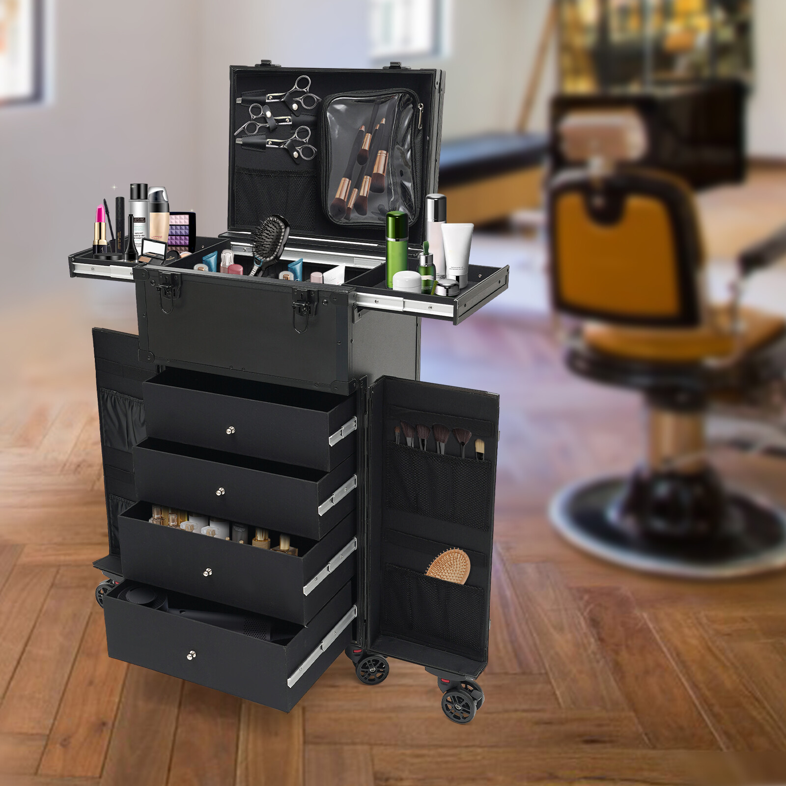 Rolling Makeup Case Travel Box, Salon Trolley Cart Storage Cosmetic Boxes