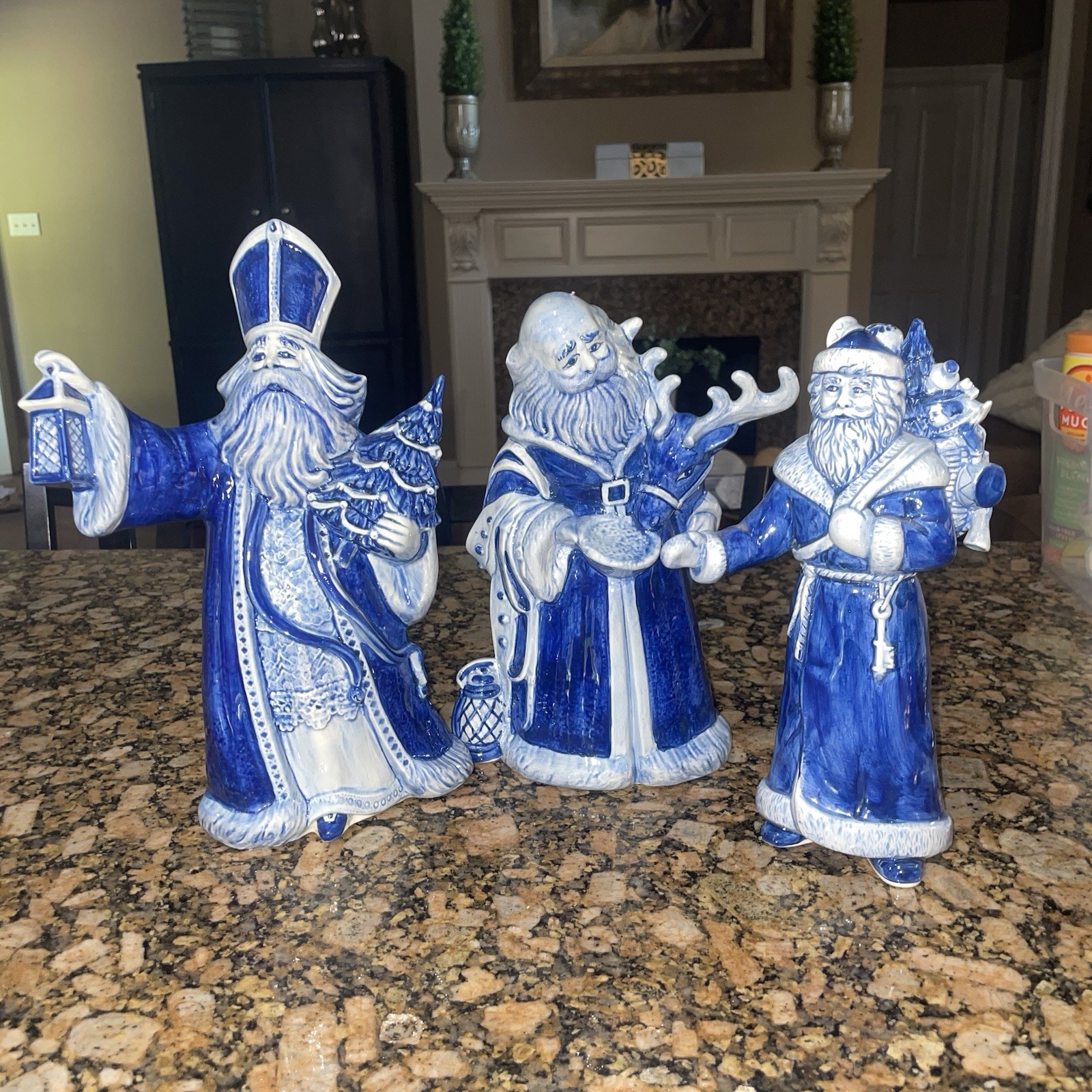 Lot Of 3 Vtg Delft Blue Hand Painted St Nicholas Santa Claus Figurine Christmas