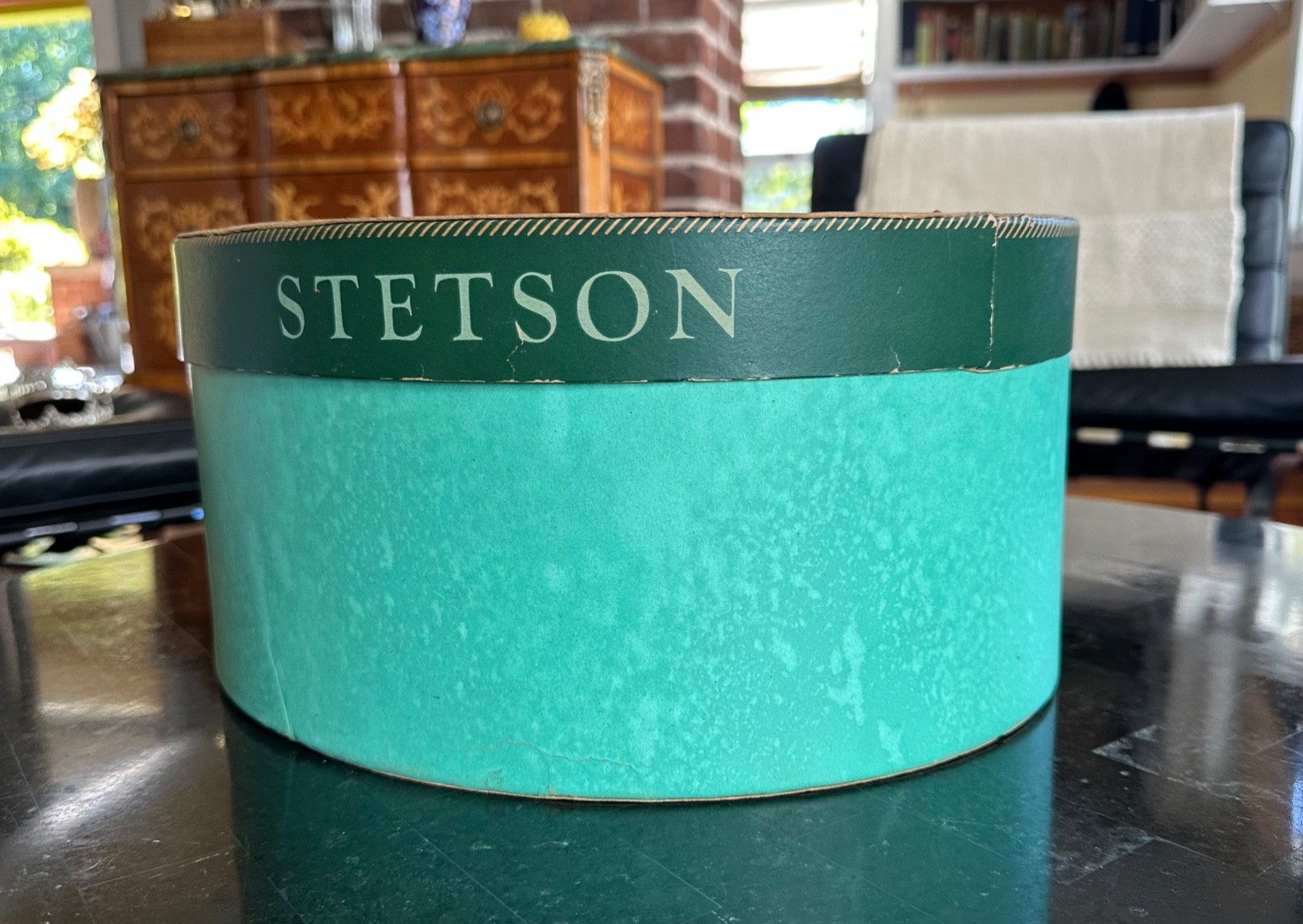 Vintage 1950s 60s STETSON Oval Hat Box Teal Green w/ Inserts 14.5” x 13” x 7”