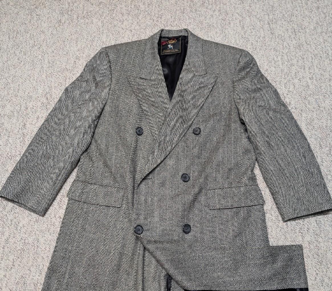 vintage USA made TWEED double breasted coat 44R gray herringbone OVERCOAT hsm