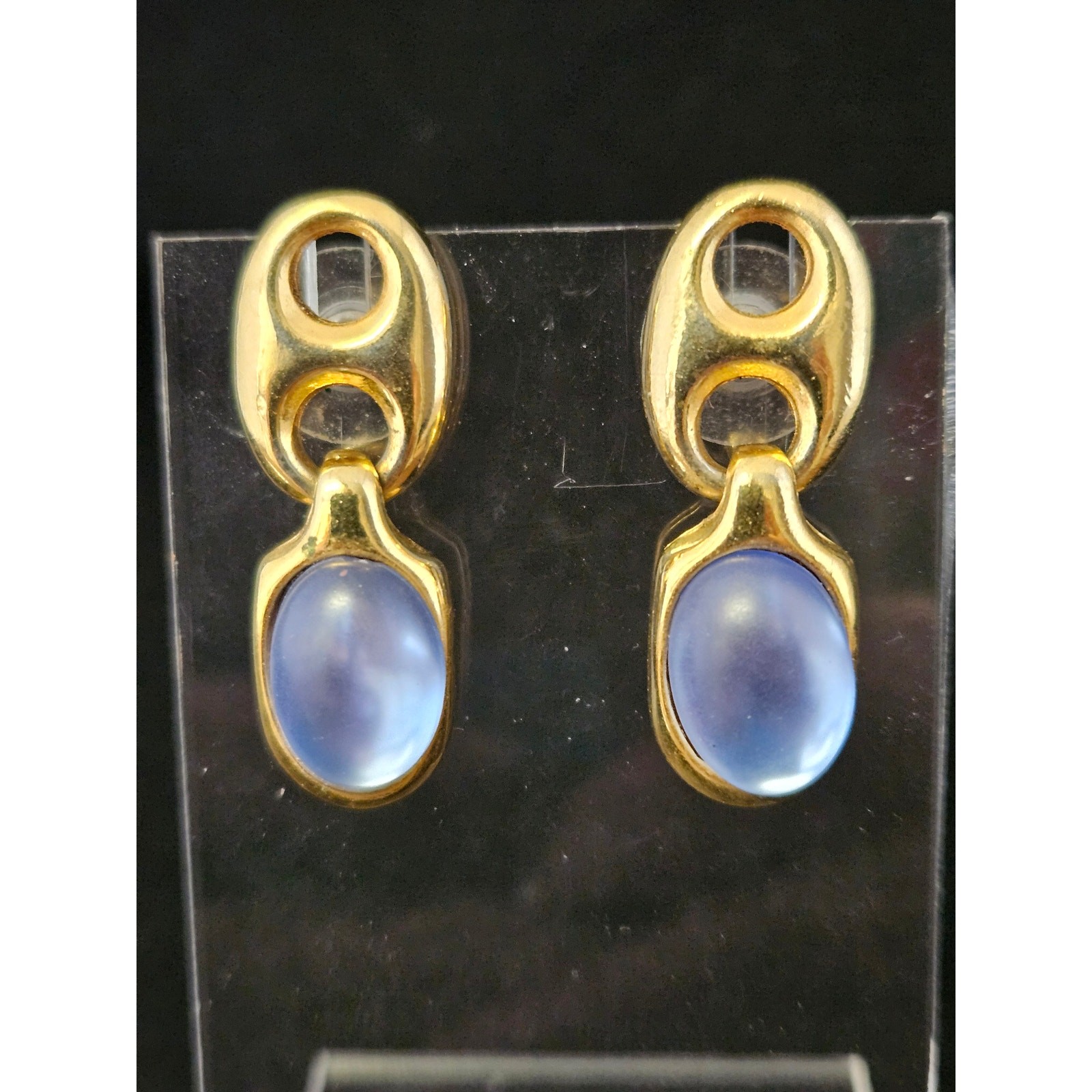Vintage 80\'s Paolo Gucci Door Knocker Pierced Earring w/ Blue Moonglow Cabochons
