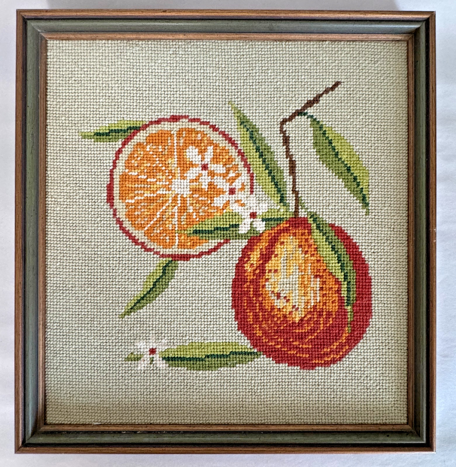Vintage Needlepoint Orange Fruit Botanical Art Gilt Gold Wood Frame 13.5\