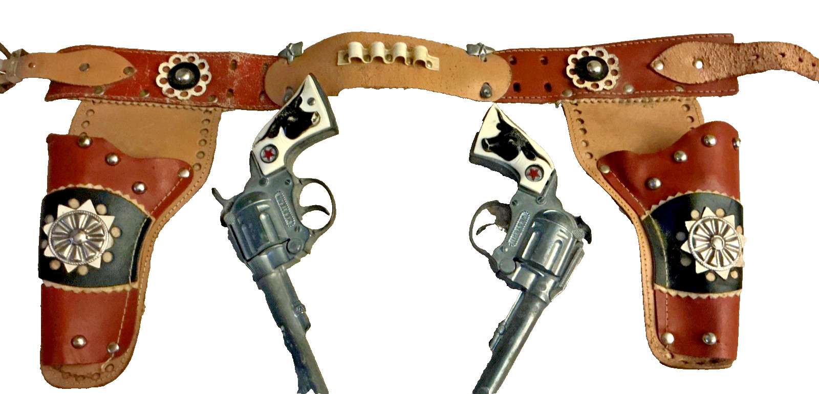 Vintage Hubley Western 2 Toy Cap Guns Double Holster rare 1950’s set leather cow