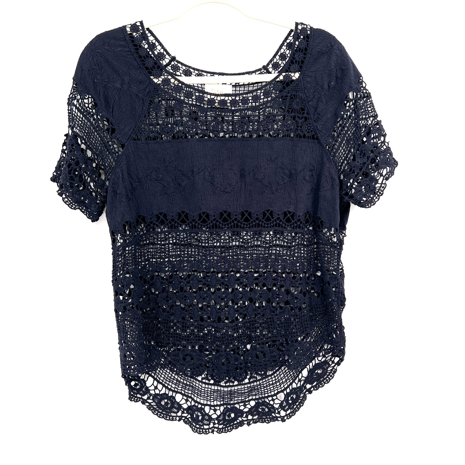 Deletta Anthropologie navy blue crocheted top boho coastal grandma Euro summer M