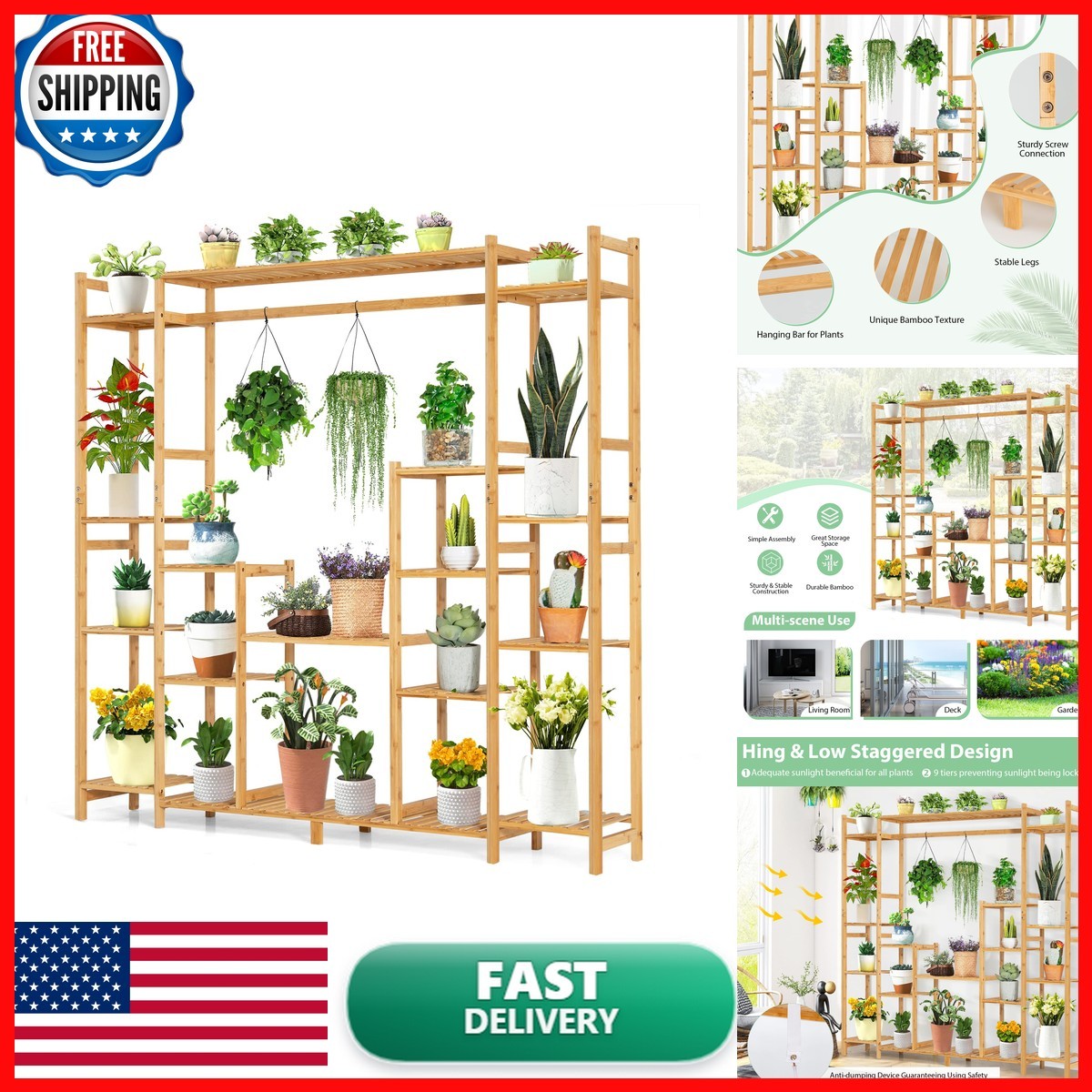 COSTWAY Bamboo Plant Stand 2-In-1 High-Low Corner Shelf Natural Indoor Outdoor