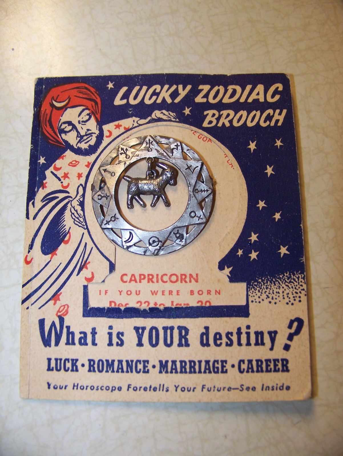 Rare Vintage Lucky Zodiac Brooch on Card - Capricorn 1 5/8