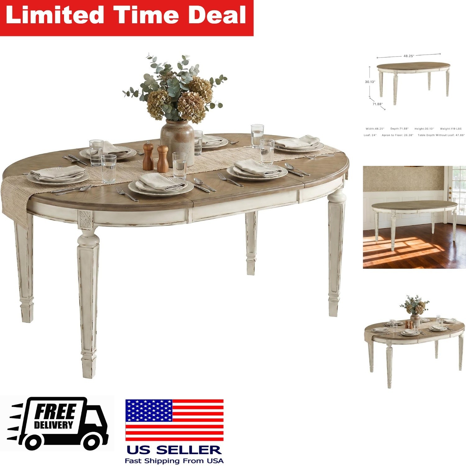 Extendable Round to Oval Dining Table with Drop In Leaf White Finish