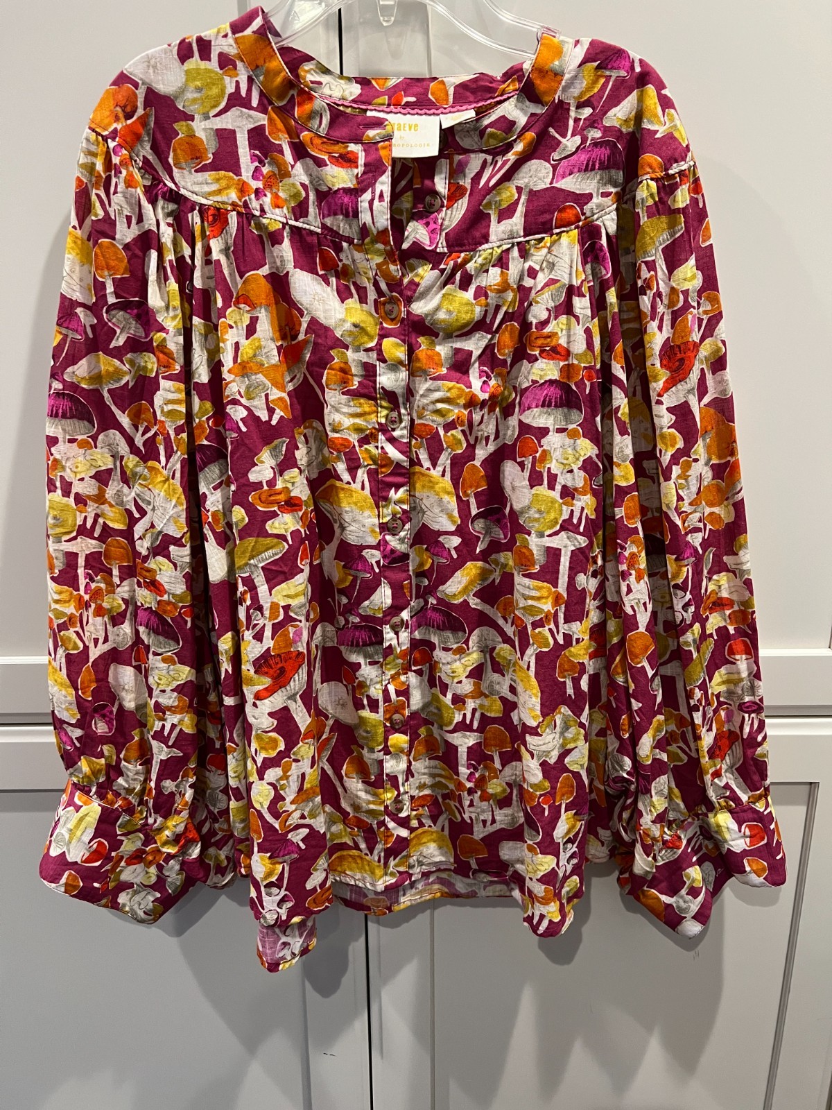 Maeve Anthropologie XL Mushroom Print Blouse Pink Orange Cottagecore Boho EUC