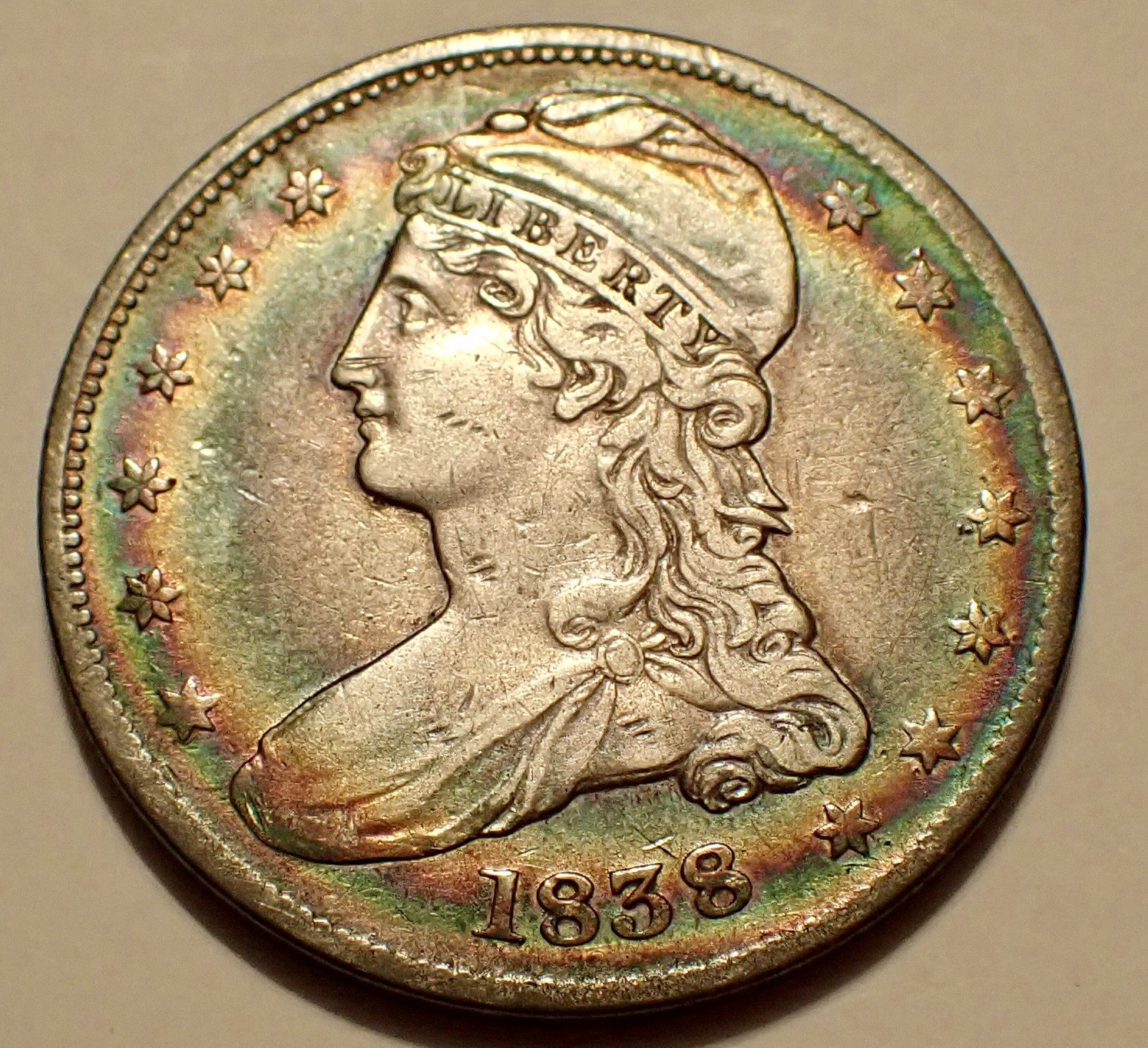 1838 Reeded Edge Capped Bust Half Dollar, Sweet Peripheral Rainbow Toning, VF/XF