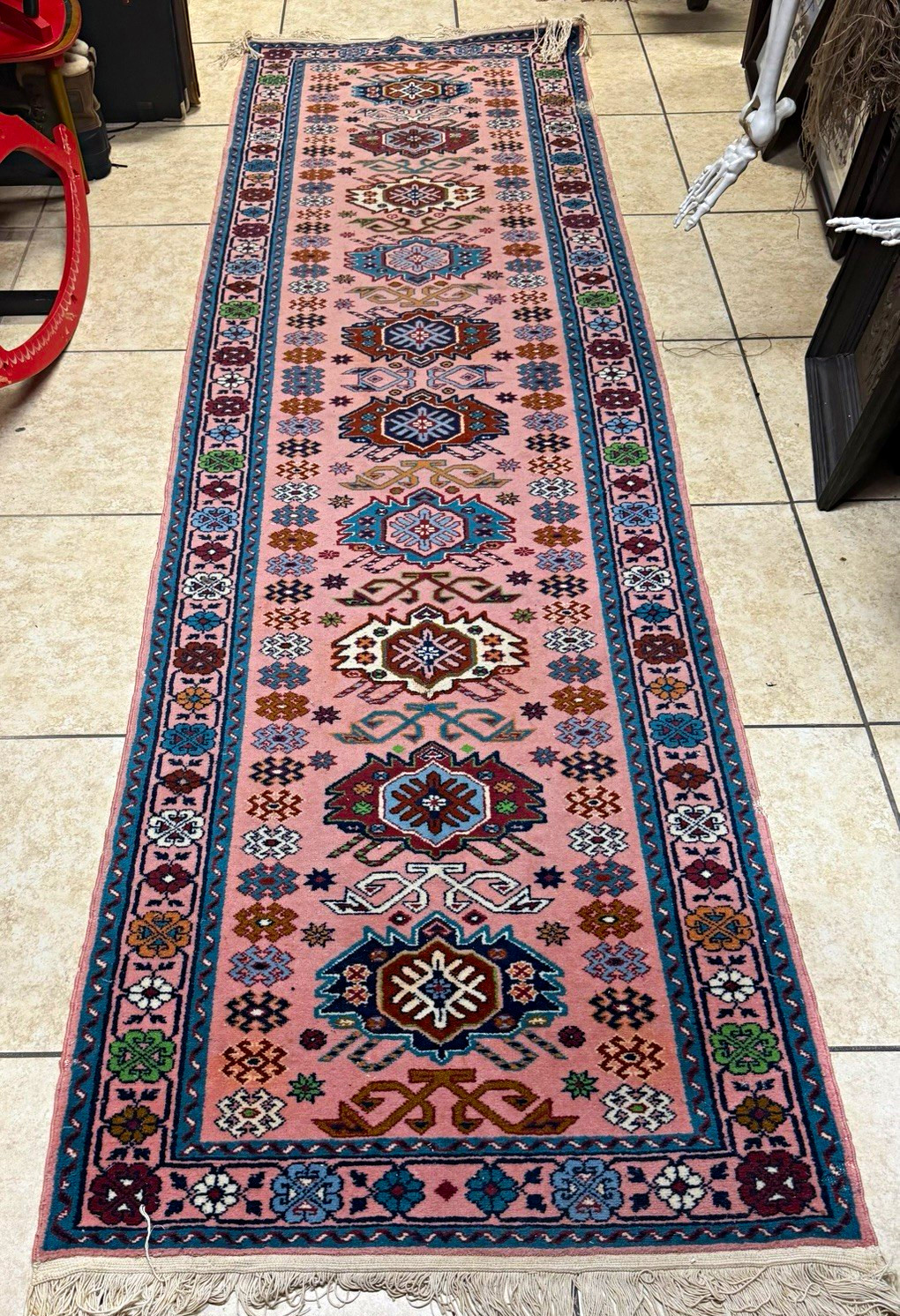 Turkish Fringed Runner Wool Rug Handwoven 1950s Multicolor 30x118 in (3.9x9.6ft)