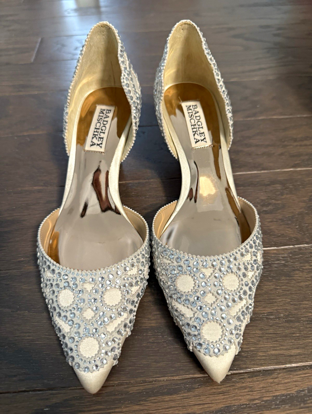 Badgley Mischka Ginny D\'Orsay Pointed Toe Rhinestone Heels Ivory Satin 5.5