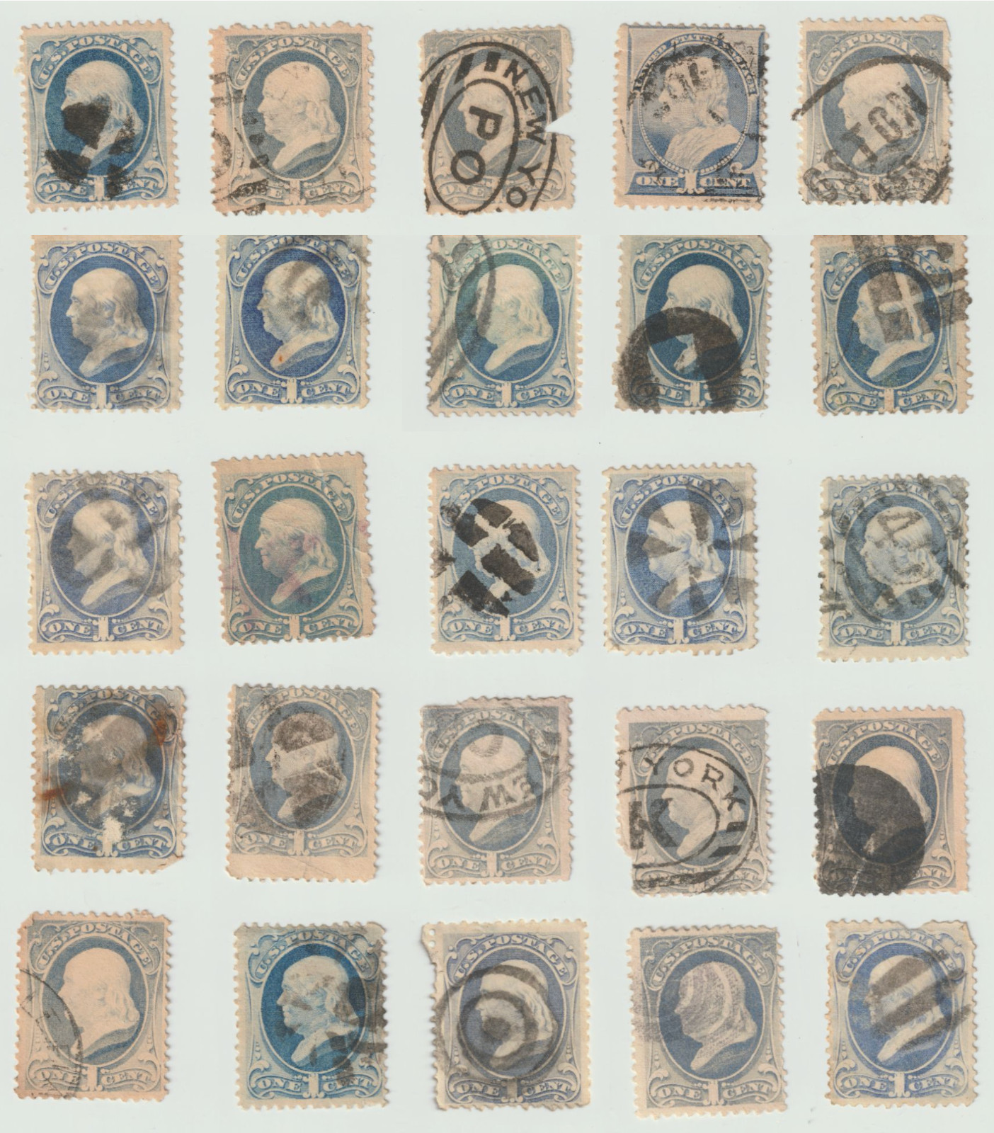 1 Cent Benjamin Franklin stamps, used, lot of 25, various Scott numbers, ca 1880 1 Cent Benjamin Franklin stamps, used, lot of 25, various Scott numbers, ca 1880