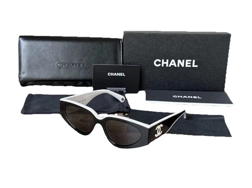 CHANEL SUNGLASSES BLACK WHITE FRAME CLASSIC 6056 CAT EYE WOMEN CHANEL SUNGLASSES BLACK WHITE FRAME CLASSIC 6056 CAT EYE WOMEN