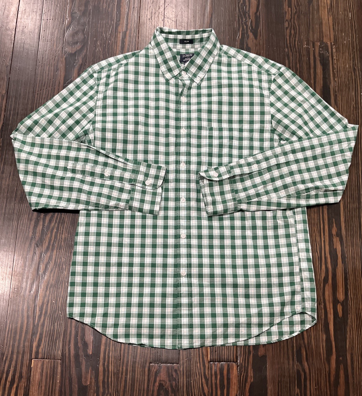 J. Crew Flex Washed Button Down Shirt Men’s Large Slim Plaid Green White Cotton 
