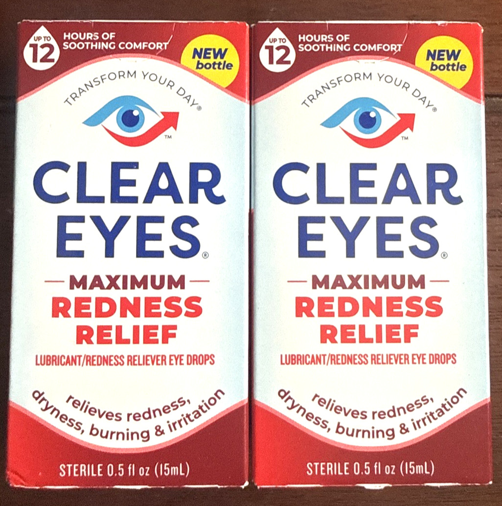 LOT OF 2 Clear Eyes, Maximum Redness Relief Eye Drops, 0.5 Fl Oz EXP 06/2027