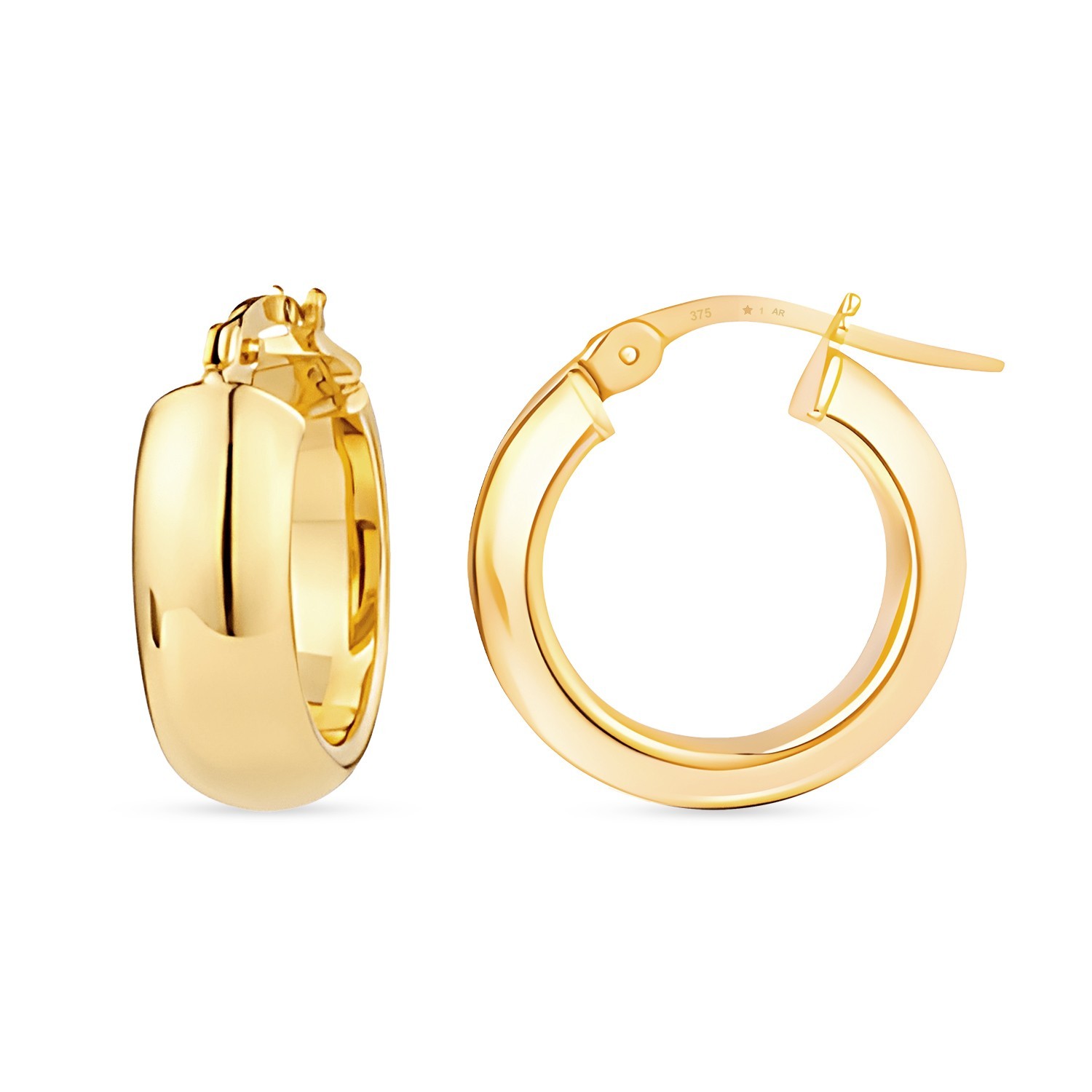 Solid 9ct Yellow Gold Broad Round Medium Hoop Earrings Made In Italy