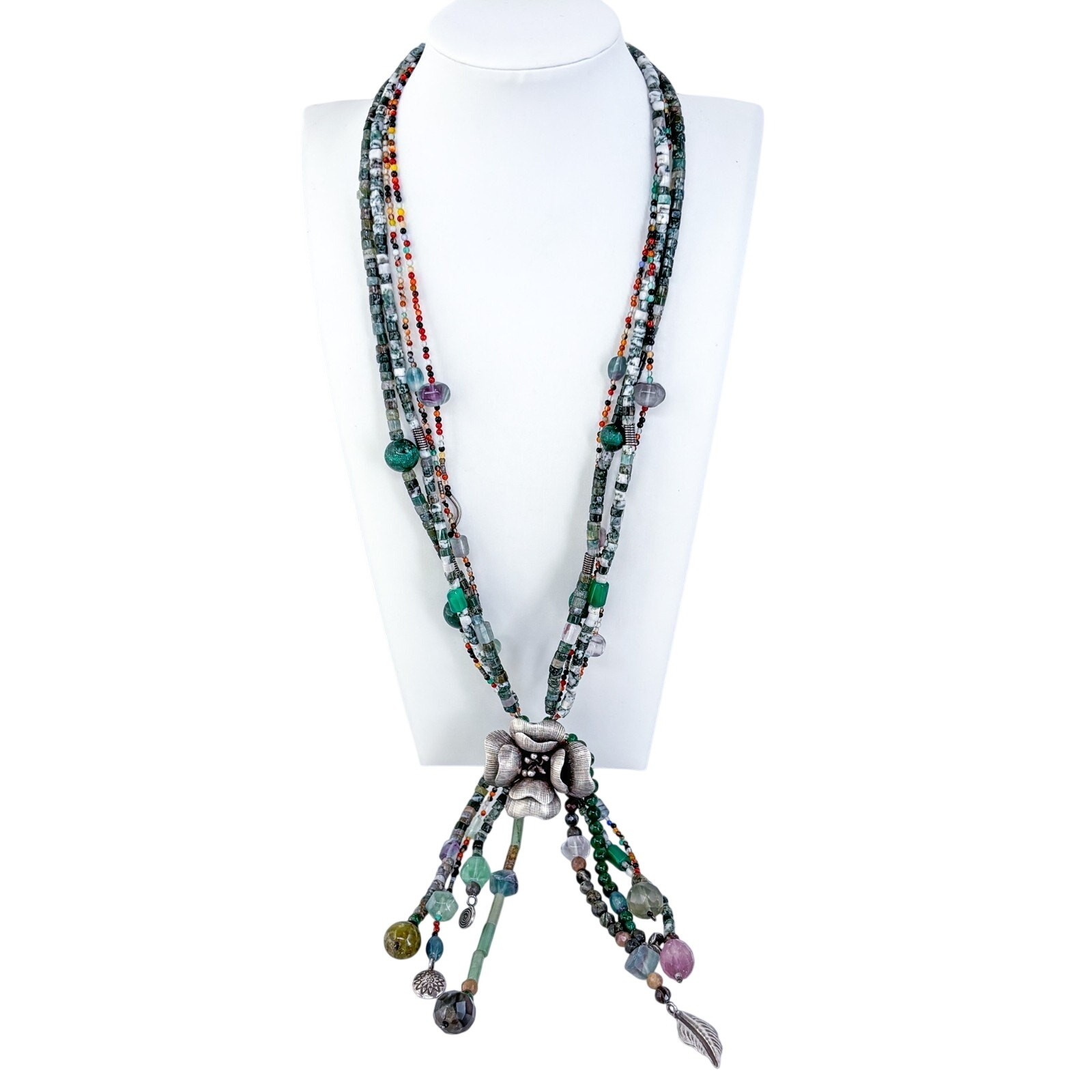 Vintage Artisan Sterling Silver 925 Multi-Gemstone Floral Bead Necklace 24”