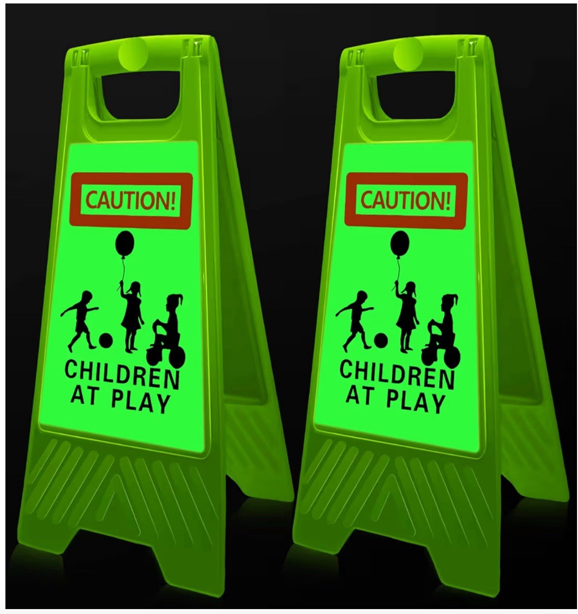 2pcs Reflective Kids at Play Sign Double Sided 24in Portable Handle Green