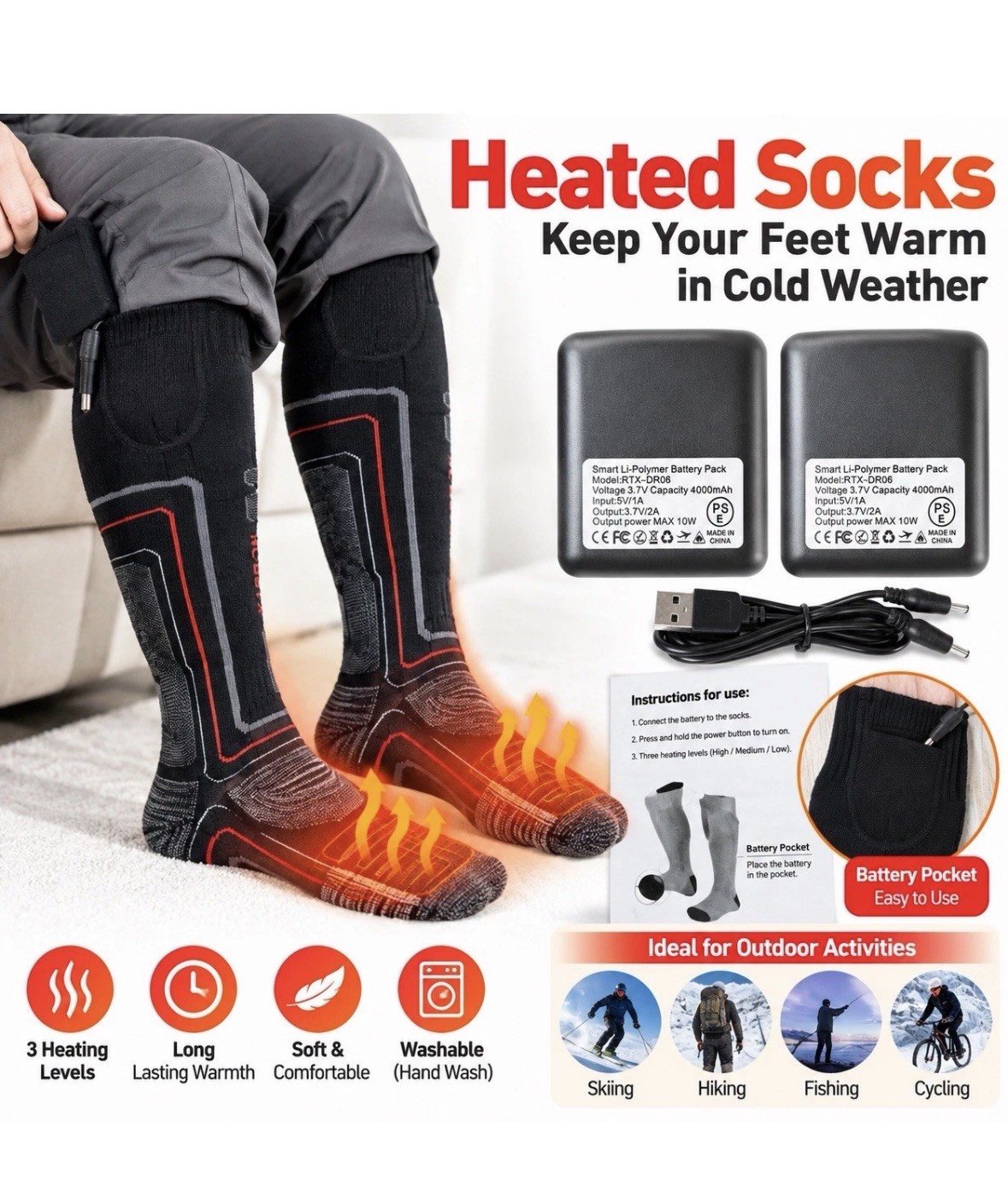 Heated Socks Rechargeable Electric Thermal Winter Foot Warmers w/ Battery Packs