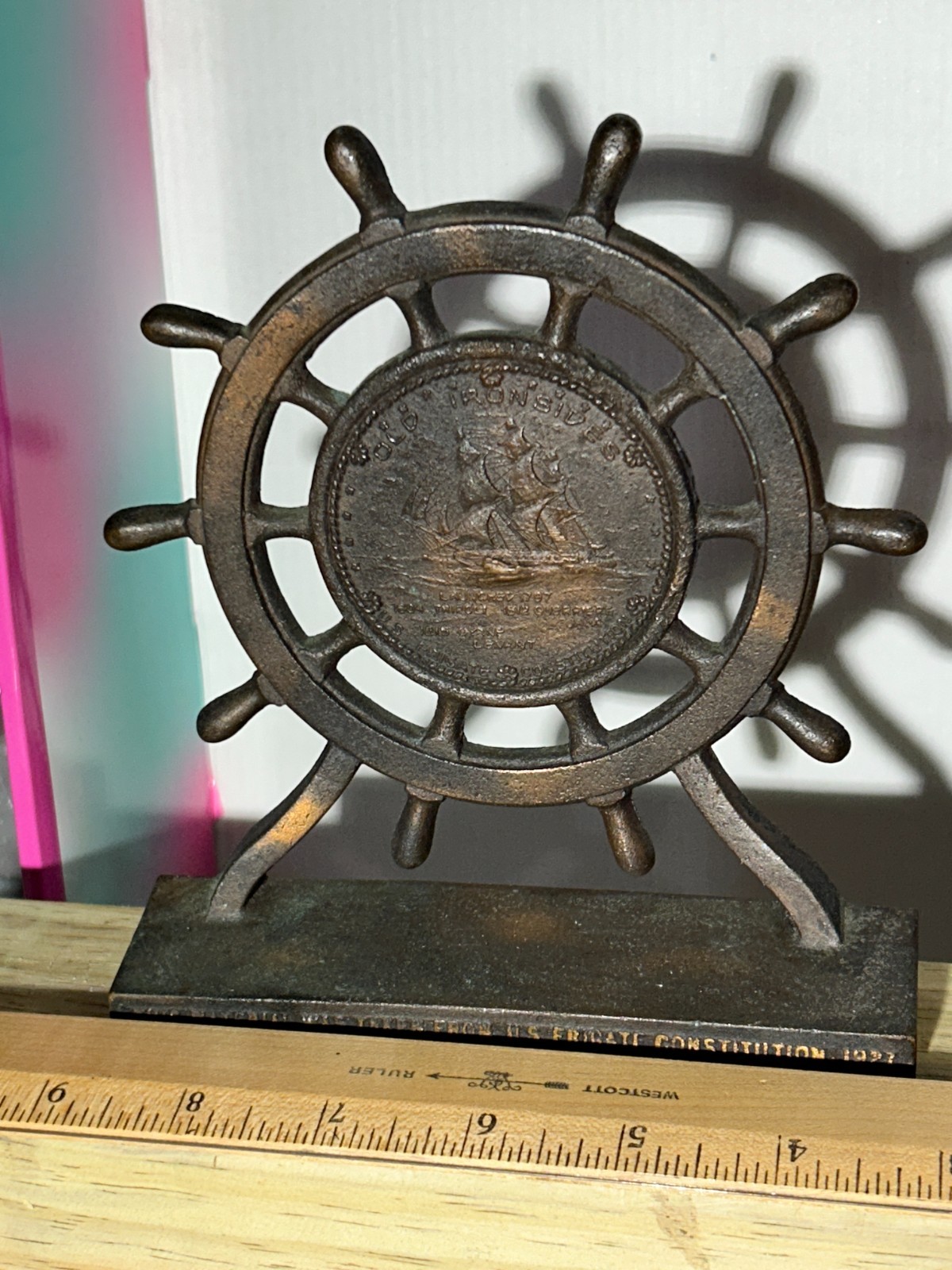 1927 USS Constitution Relic Bookend Old Ironsides Salvaged Copper Ship Wheel