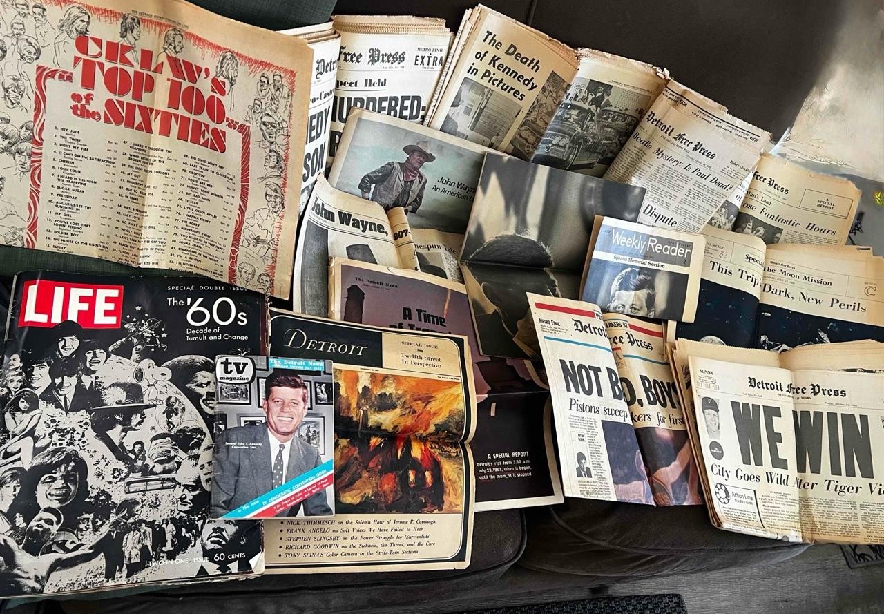 Vintage Newspaper Lot Detroit Tigers Win \'64, JFK Kennedy, Riots, Moon, +MORE