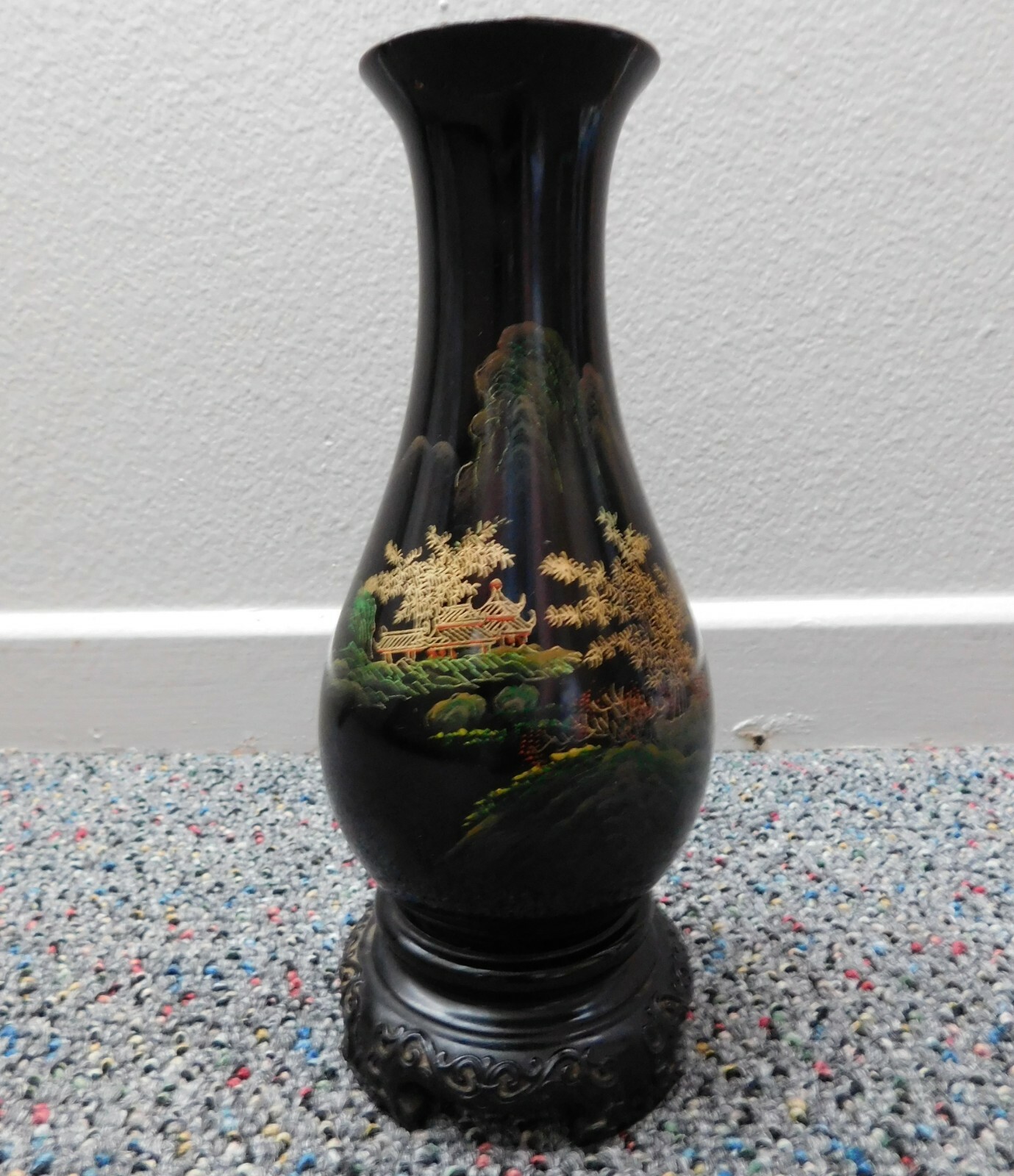 Antique Chinese Foochow Fuzhou Hand Painted Black Lacquered Wood Vase