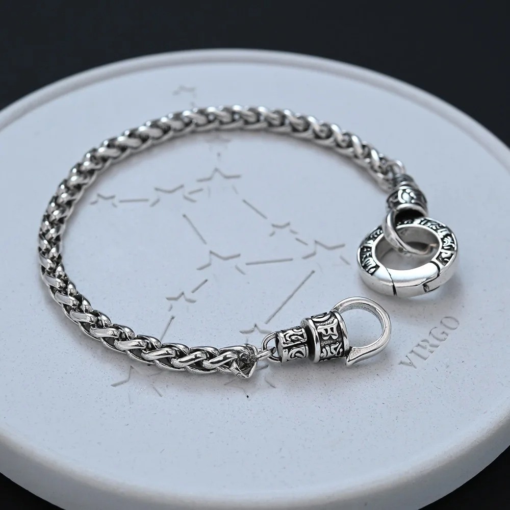 Vintage 925 Sterling Silver Bracelet Heavy Pendant Retro String Link Jewellery