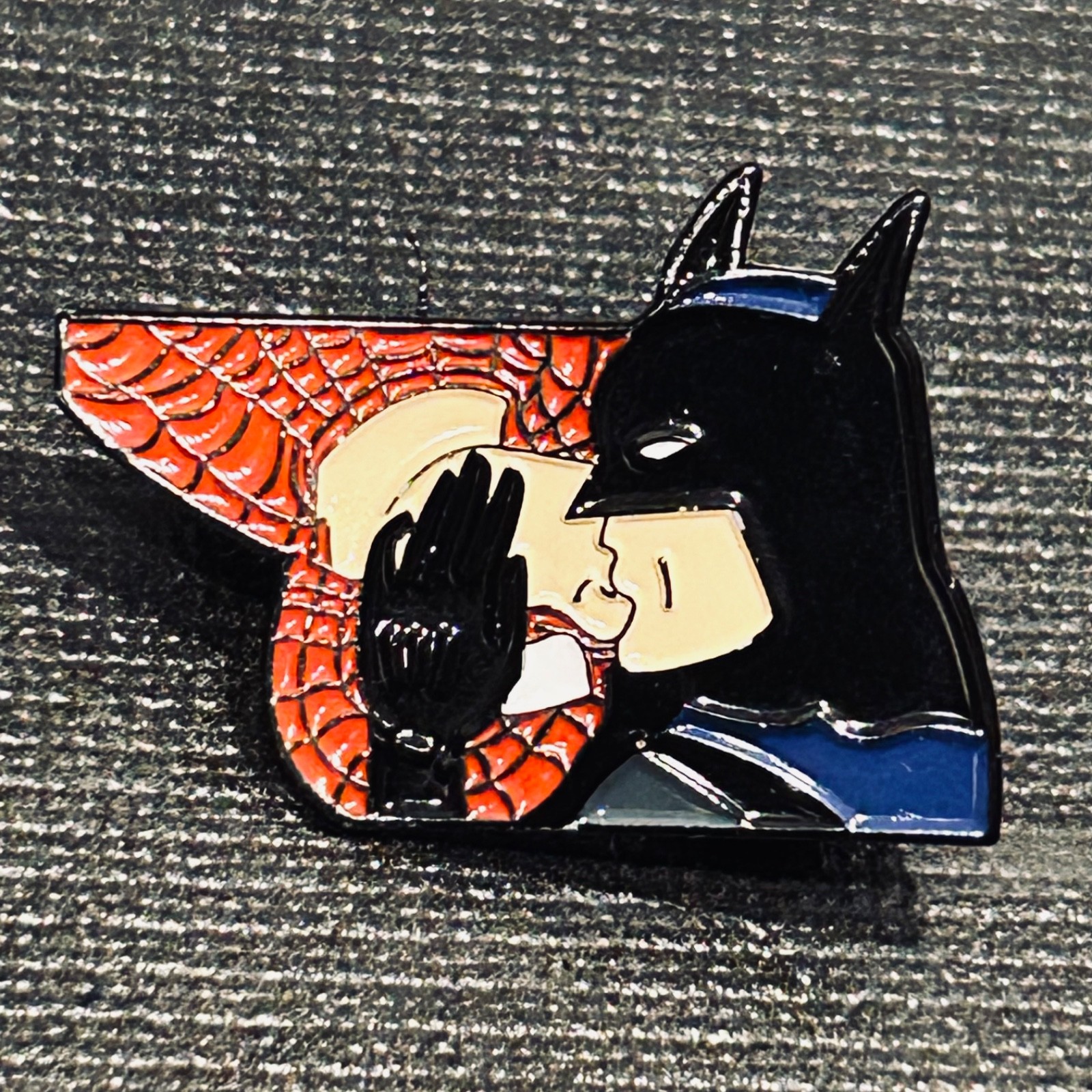 Geeky & Kinky ~ BATMAN & SPIDERMAN KISSING Hat Lapel Pin Geeky & Kinky ~ BATMAN & SPIDERMAN KISSING Hat Lapel Pin