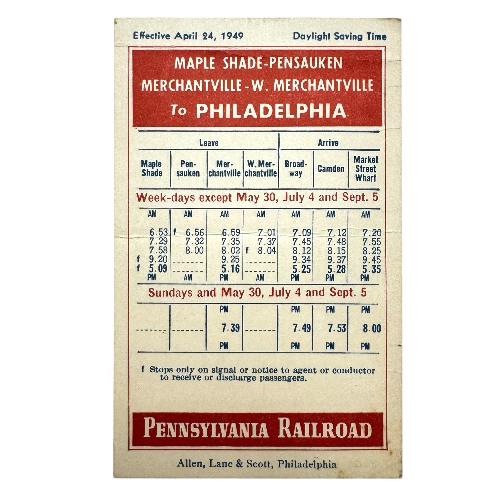 Vintage April 1949 Pennsylvania Philadelphia Train Railroad Schedule Card Vintage April 1949 Pennsylvania Philadelphia Train Railroad Schedule Card