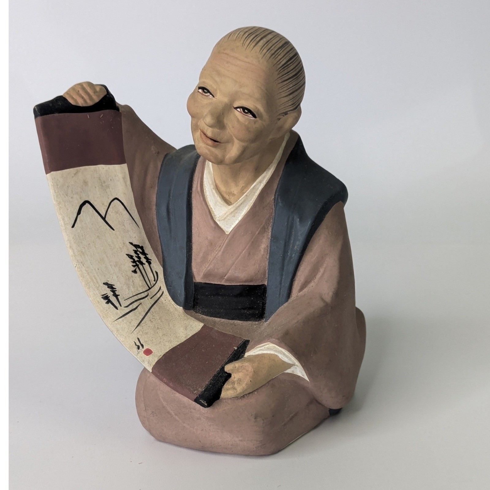 Vintage Hakata Urasaki Japanese Clay Figurine Old Woman with Scroll Hand Painted Vintage Hakata Urasaki Japanese Clay Figurine Old Woman with Scroll Hand Painted