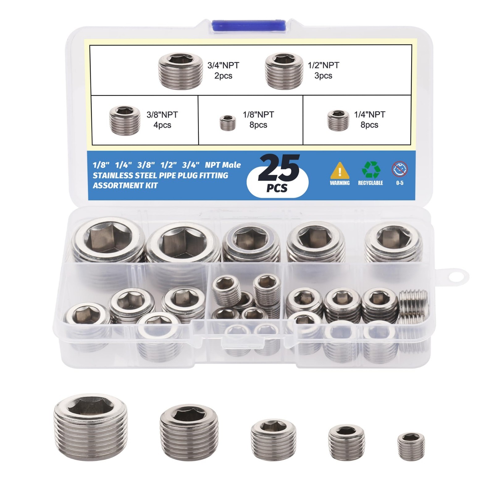 25Pcs 304 Stainless Steel Pipe Plug Fittings Assortment Kit,5 Sizes 1/8\
