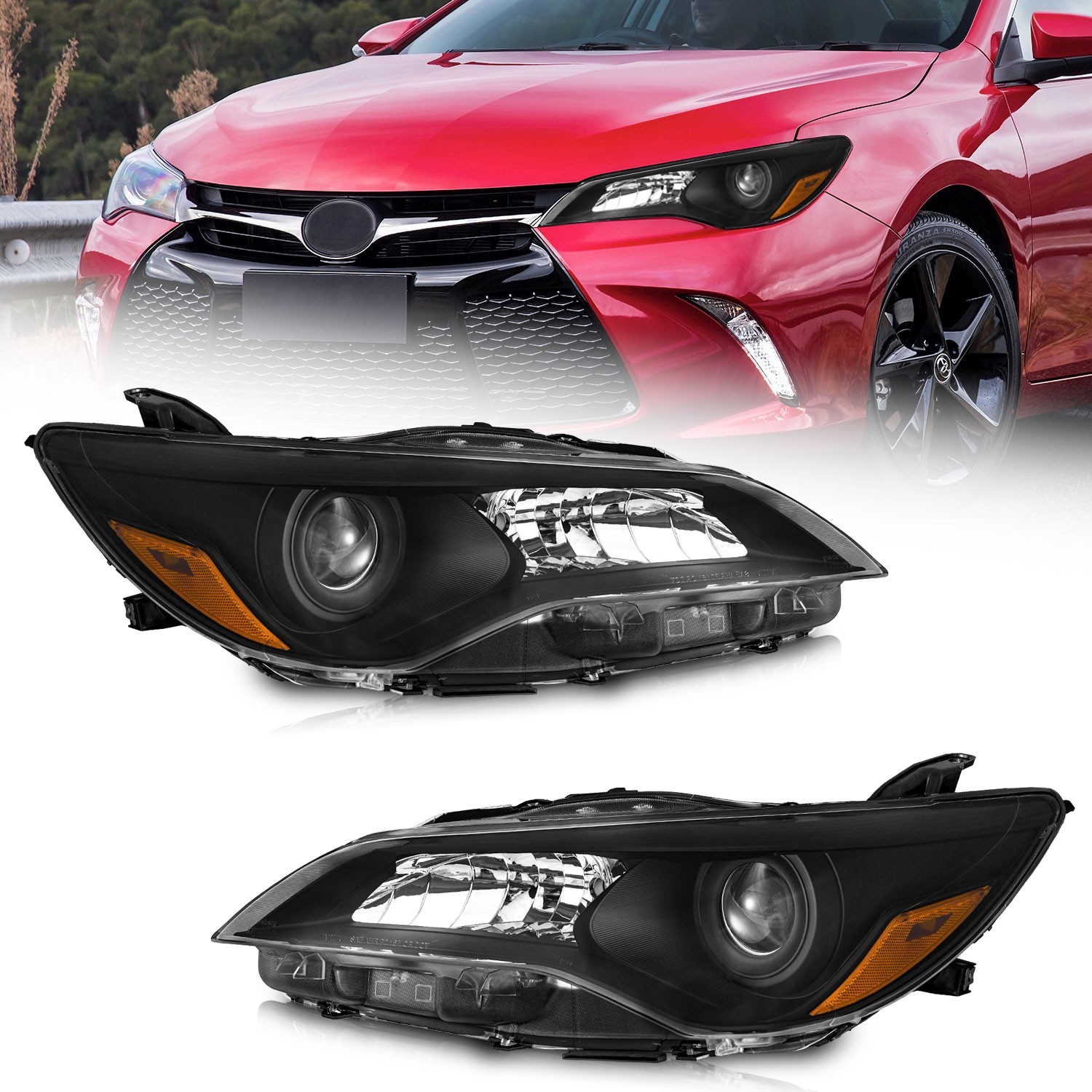 Pair Headlights Assembly For 2015 2016 2017 Toyota Camry Headlamps Black