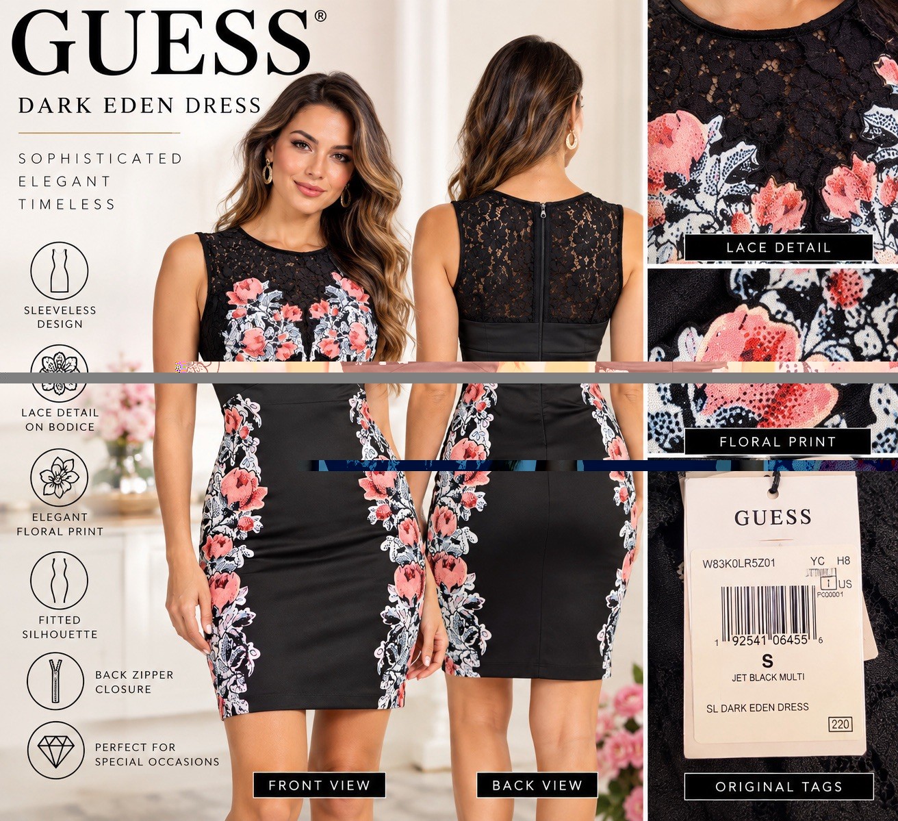GUESS Dark Eden Dress Women’s S Black Floral Lace Sleeveless Bodycon NWT