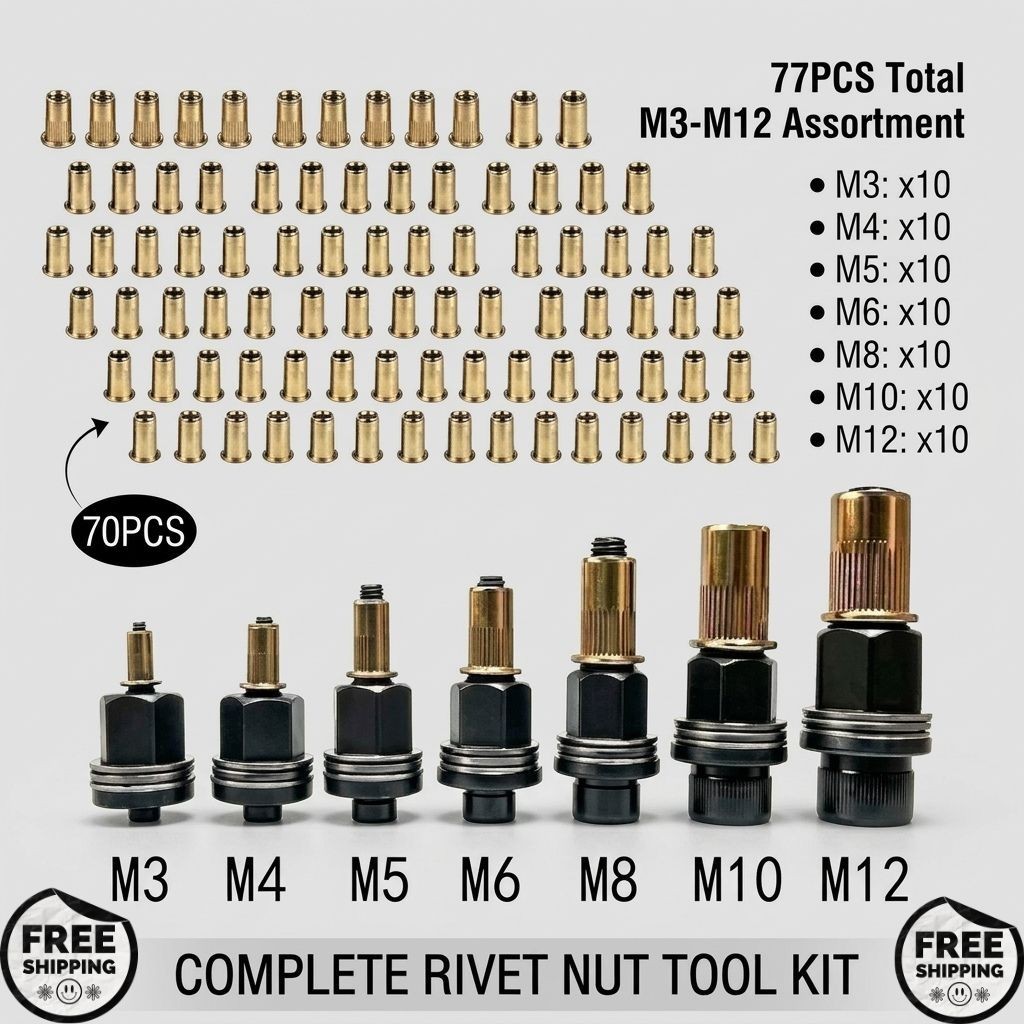 77 Manual Rivet Nut Tool Kit M3-M12 Carbon Steel Threaded Inserts For Auto & DIY 77 Manual Rivet Nut Tool Kit M3-M12 Carbon Steel Threaded Inserts For Auto & DIY