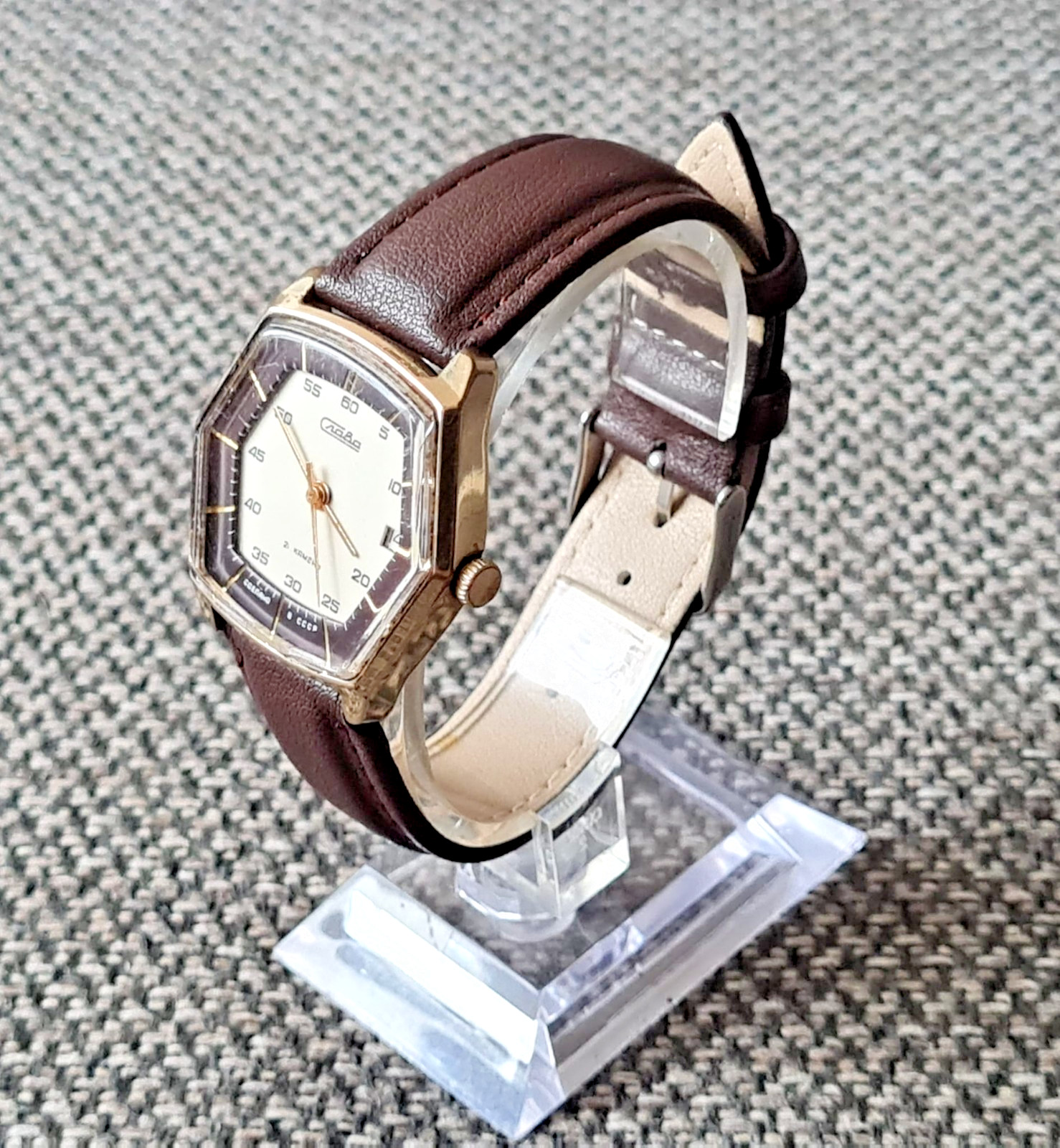 Vintage Slava Hexagon USSR Soviet Watch Gold Plated 21 Jewels Cal 2414 Date Rare