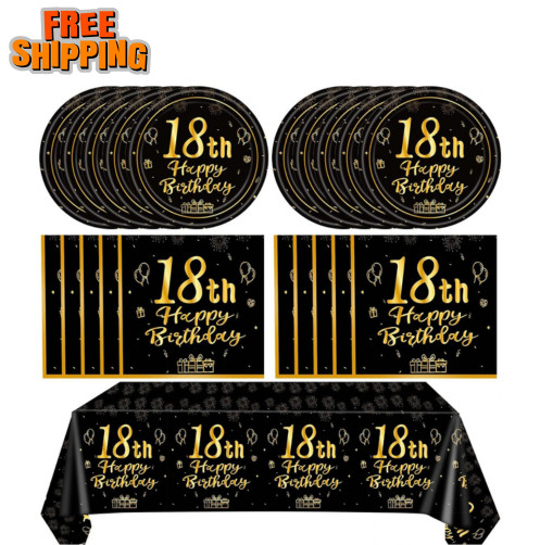 41PCS Happy 18th Birthday Decrations for Boys Girls Black Gold Themed Disposable