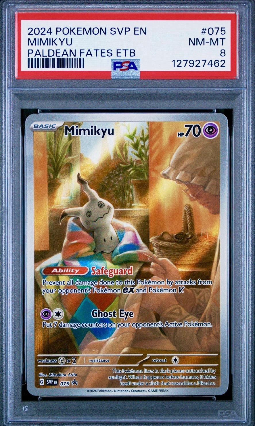 PSA Mint 8 Mimikyu Pokémon (2024) Black Star Promos 075 Paldean Fates ETB