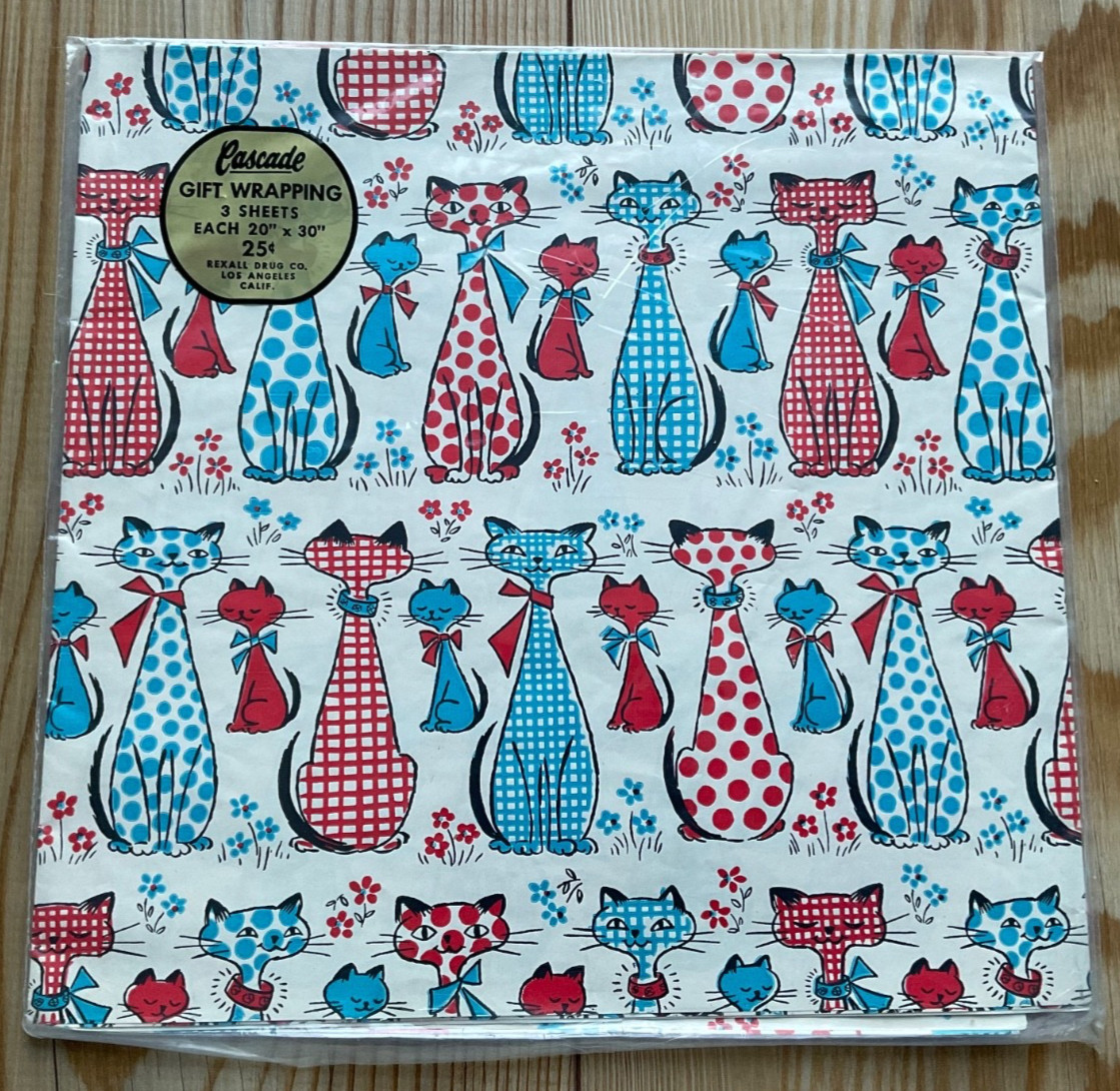 3 Sheets NIP Vtg Rexall Drug Cascade MCM Gift Wrapping Paper - Red & Blue Cats 3 Sheets NIP Vtg Rexall Drug Cascade MCM Gift Wrapping Paper - Red & Blue Cats