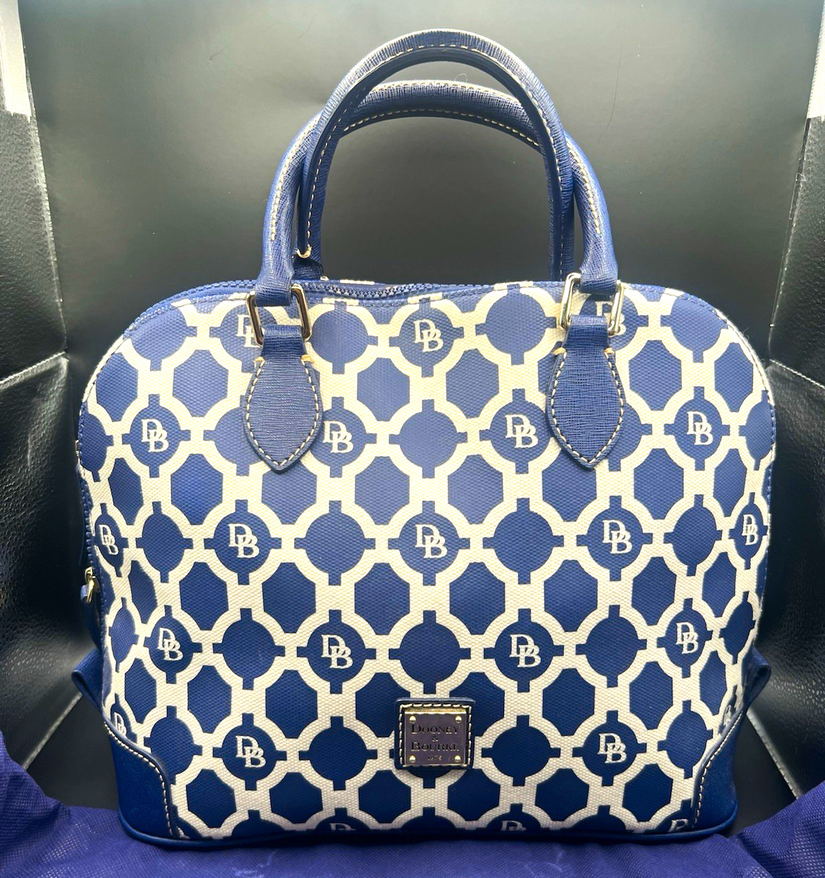 Dooney & Bourke Blue/White Geometric Zip Satchel Top Handle, Medium, Dust Bag