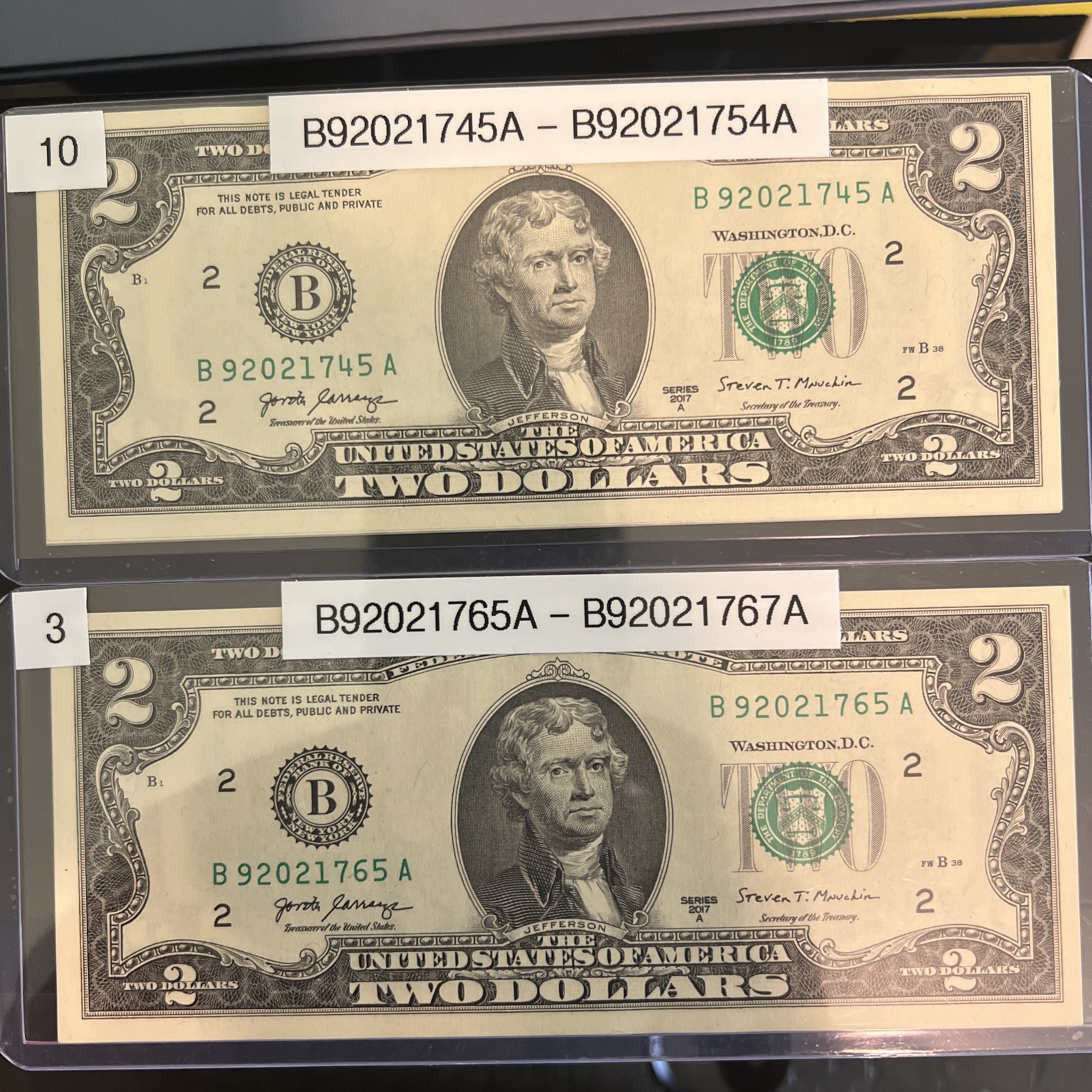 $2 Bills Sequential 2017A UNC 10pk And 3pk $2 Bills Sequential 2017A UNC 10pk And 3pk