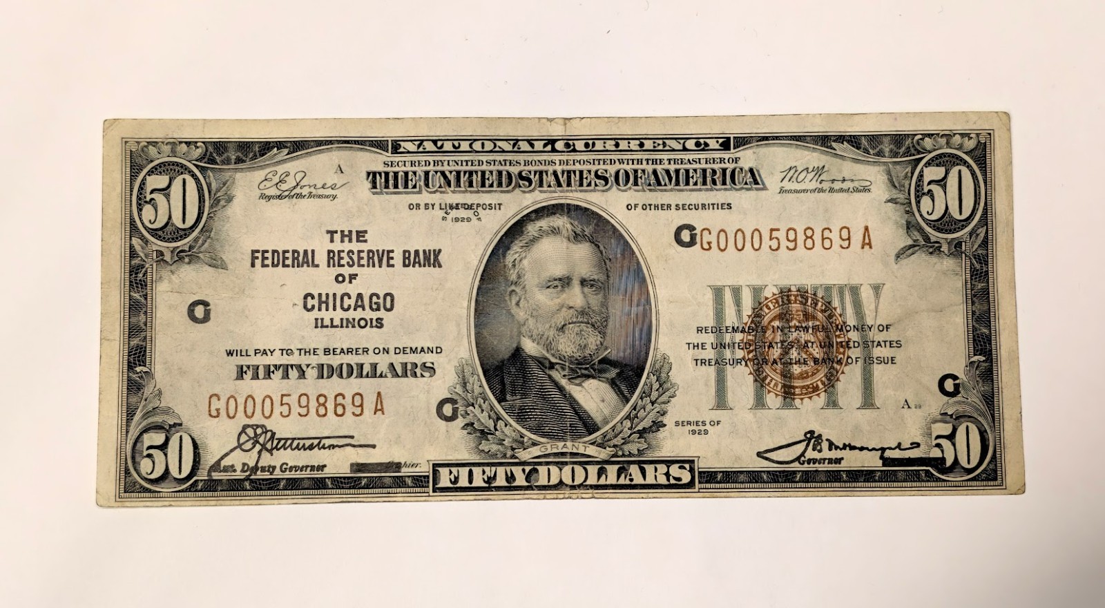 1929 Series $50 National Currency Federal Reserve Banknote Chicago - B229