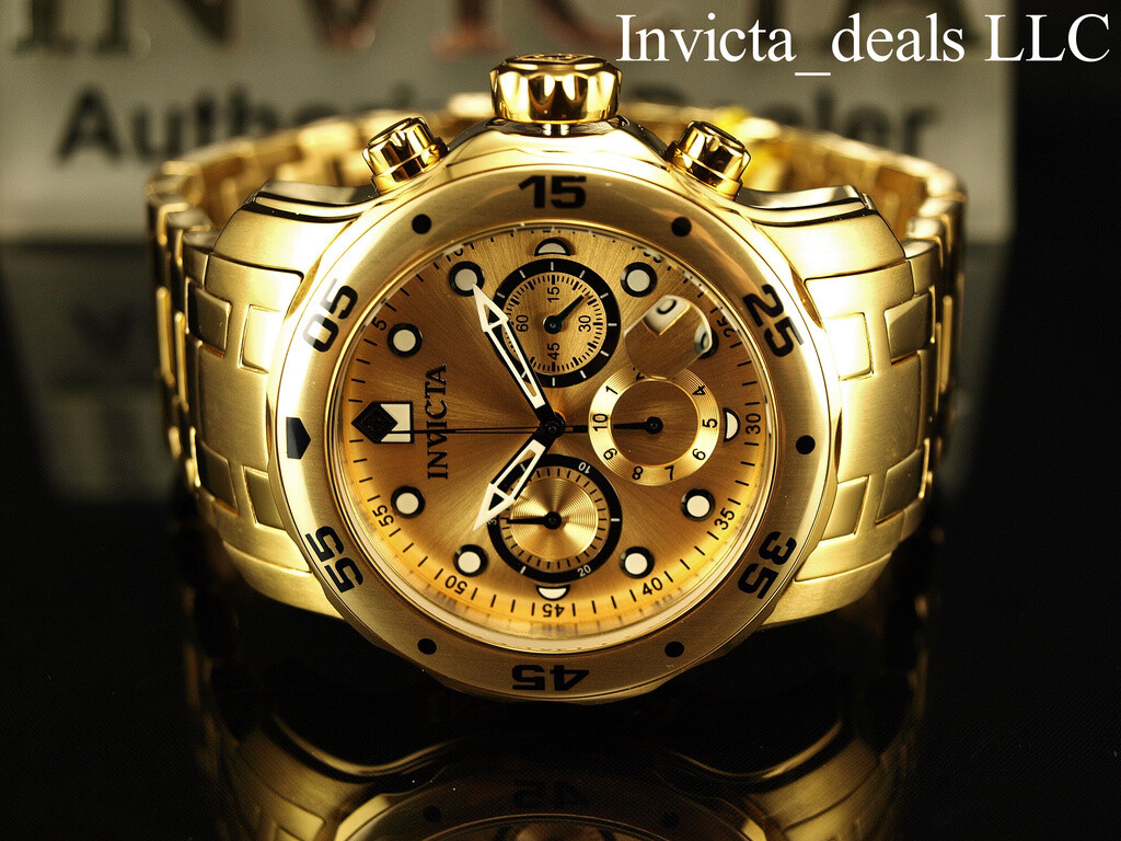 Invicta Men\'s 48mm PRO DIVER Scuba Chronograph Gold Dial 18K Gold Plated Watch