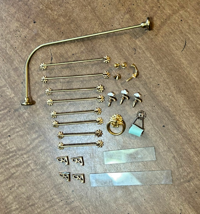 LOT OF VINTAGE MINIATURE DOLLHOUSE BATHROOM HARDWARE - SHOWER ROD TOWEL BARS ETC