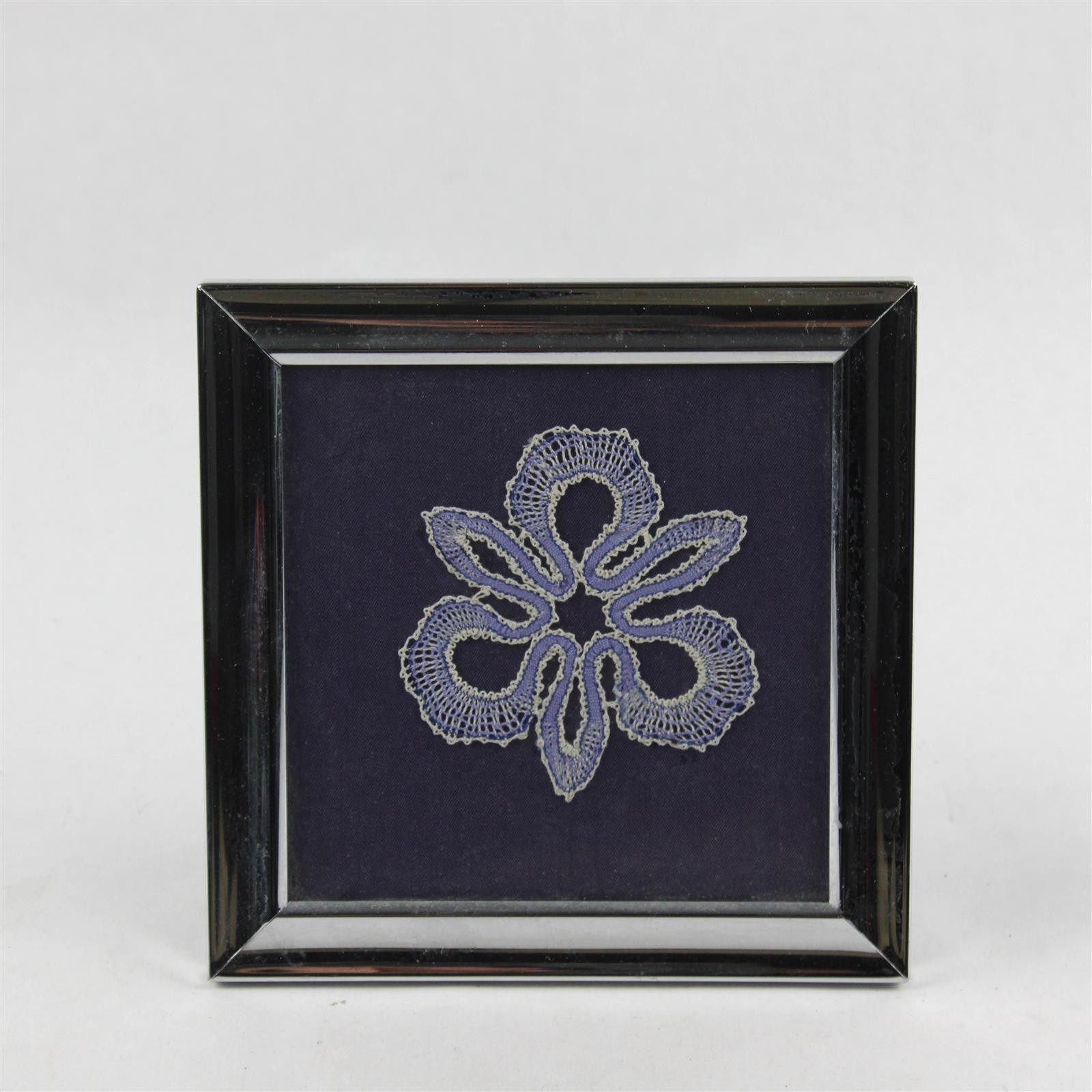 Handmade Blue Floral Design Bobbin Lace Art in Silver-Tone Metal Frame Handmade Blue Floral Design Bobbin Lace Art in Silver-Tone Metal Frame
