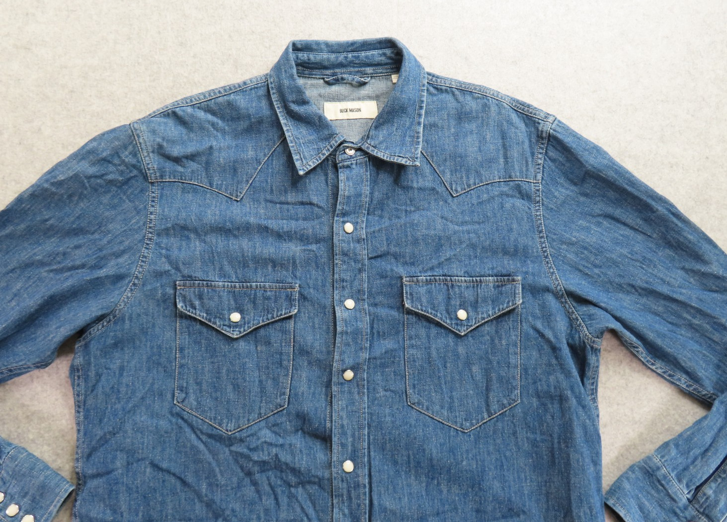 Buck Mason Shirt Mens XL Blue Denim Western Pearl Snap Cotton Long Sleeve Casual Buck Mason Shirt Mens XL Blue Denim Western Pearl Snap Cotton Long Sleeve Casual